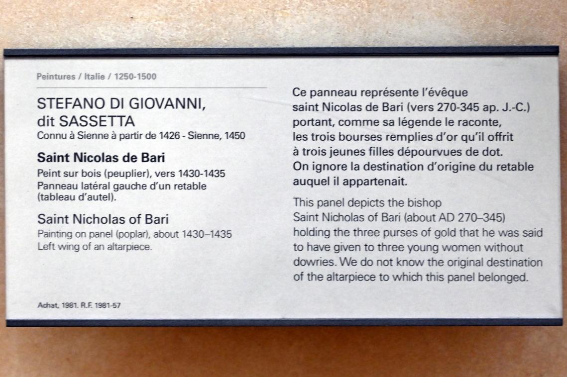 Stefano di Giovanni di Consolo (Sassetta) (1432–1444), Heiliger Nikolaus von Bari, Paris, Musée du Louvre, Saal 709, um 1430–1435, Bild 2/2