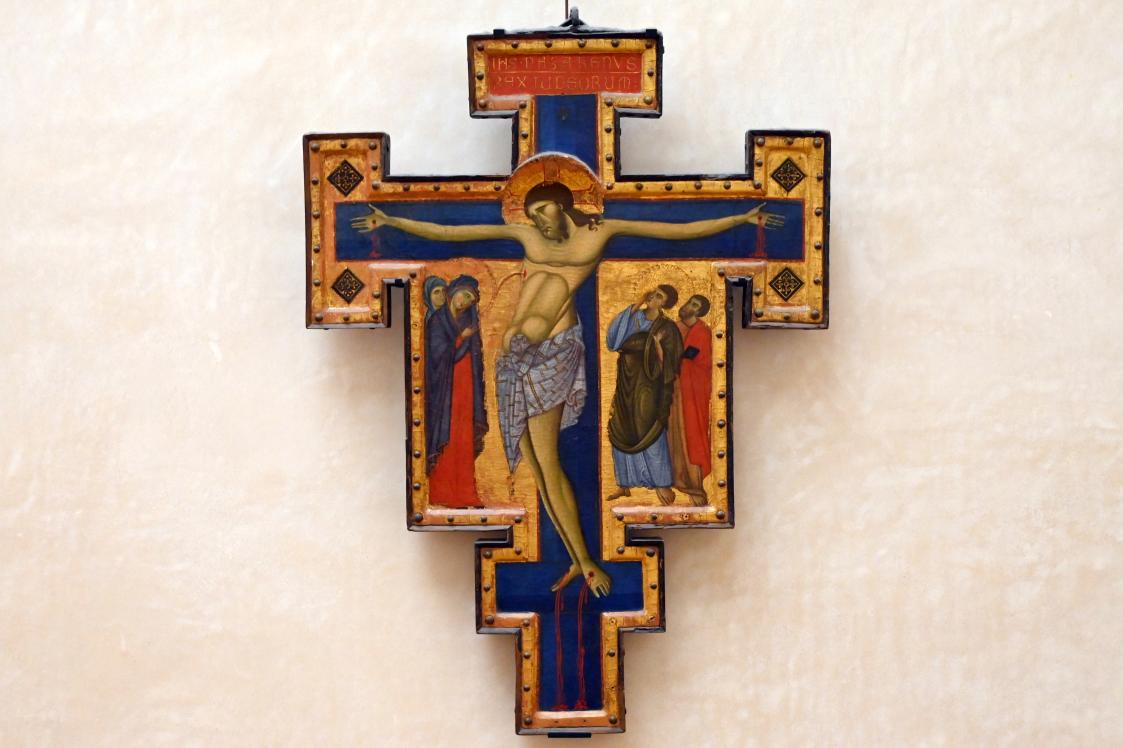 Maestro di San Francesco (1267–1272), Bemaltes Kruzifix: Christus am Kreuz zwischen der Jungfrau Maria und einer Heiligen Frau links und dem Heiligen Johannes dem Evangelisten und einem Apostel rechts, Paris, Musée du Louvre, Saal 709, um 1265–1270