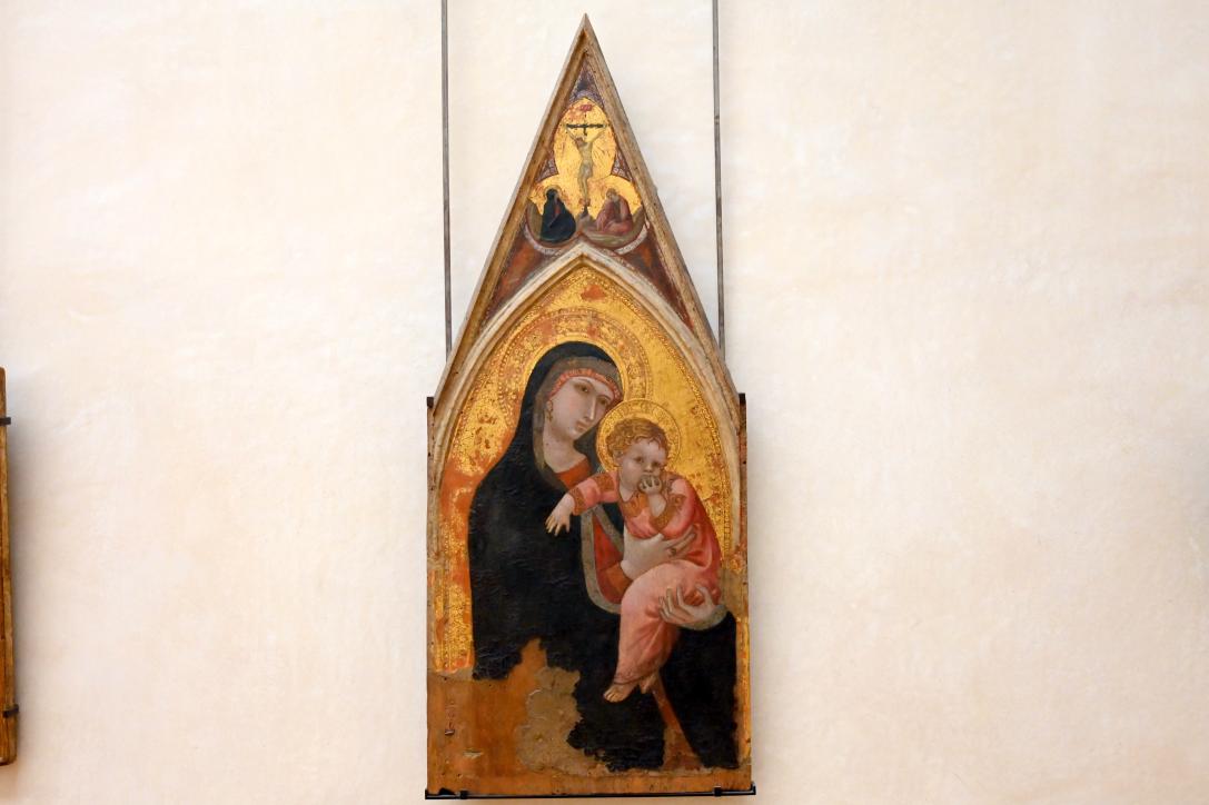 Ambrogio Lorenzetti (1322–1335), Die Jungfrau Maria und das Jesuskind, im Giebelkleeblatt der Kalvarienberg, Paris, Musée du Louvre, Saal 709, um 1330–1335