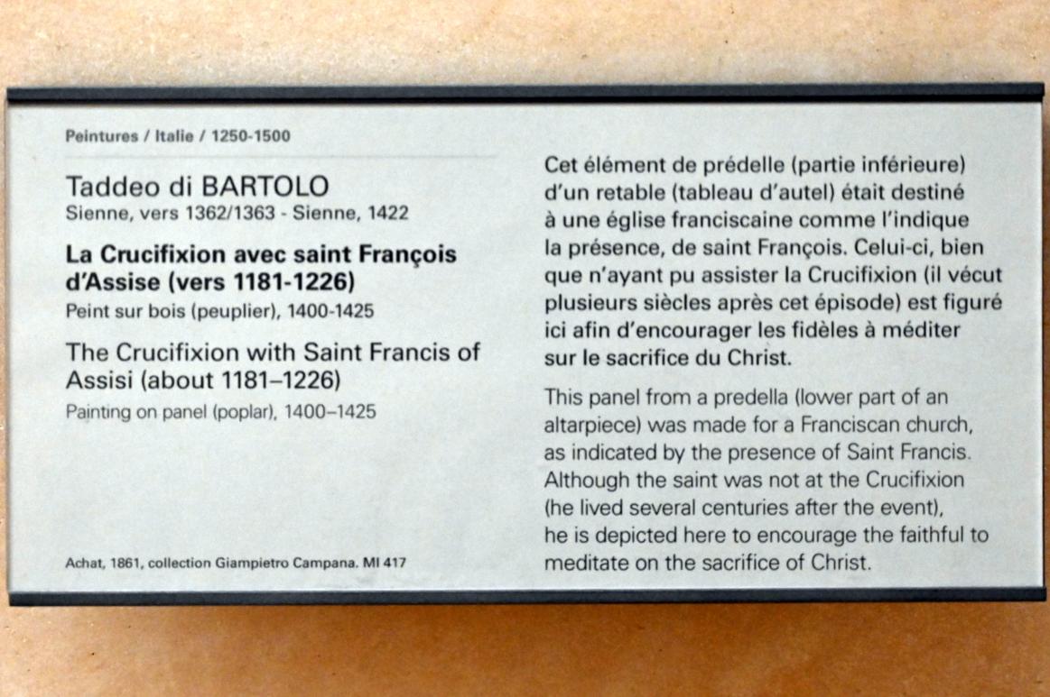 Taddeo di Bartolo (1403–1412), Die Kreuzigung mit dem Heiligen Franziskus von Assisi (ca. 1181–1226), Paris, Musée du Louvre, Saal 709, um 1400–1425, Bild 2/2
