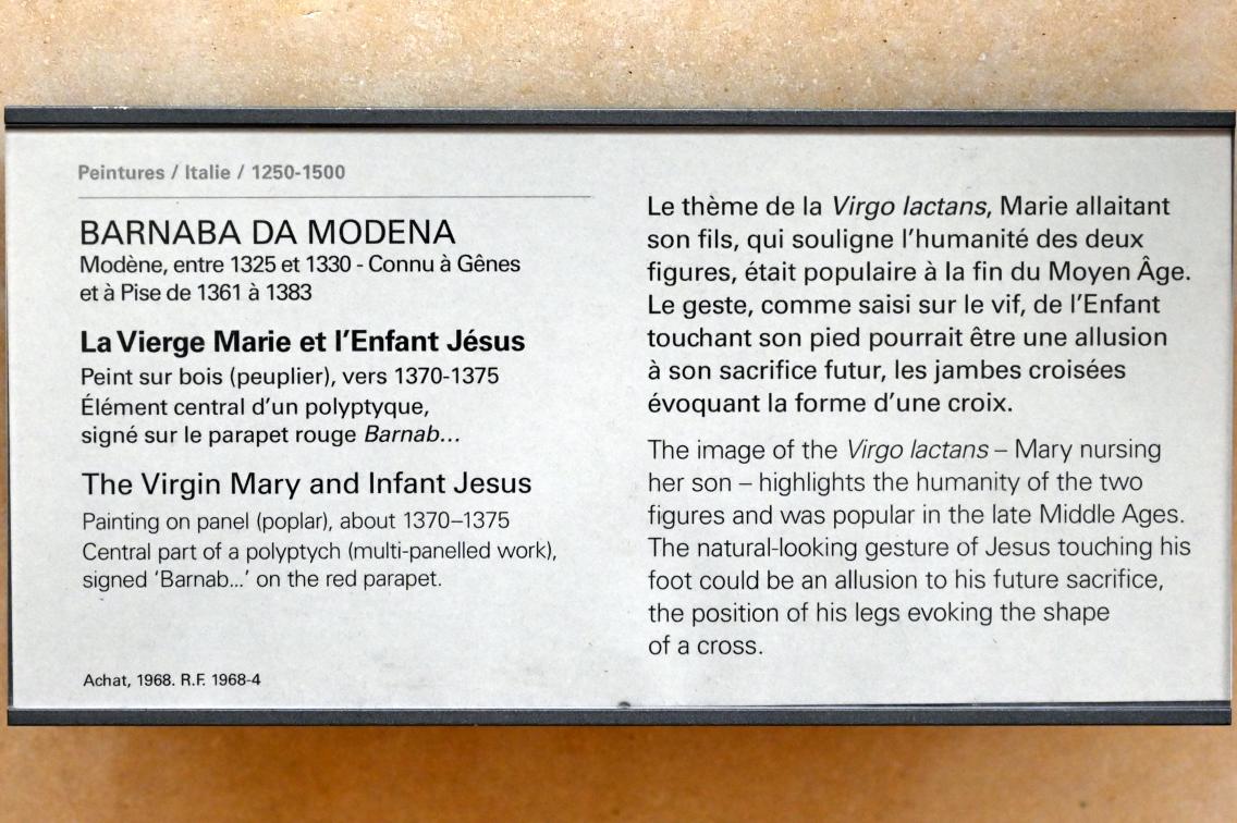 Barnaba da Modena (Barnaba Agocchiari) (1350–1377), Die Jungfrau Maria und das Jesuskind, Paris, Musée du Louvre, Saal 709, um 1370–1375, Bild 2/2