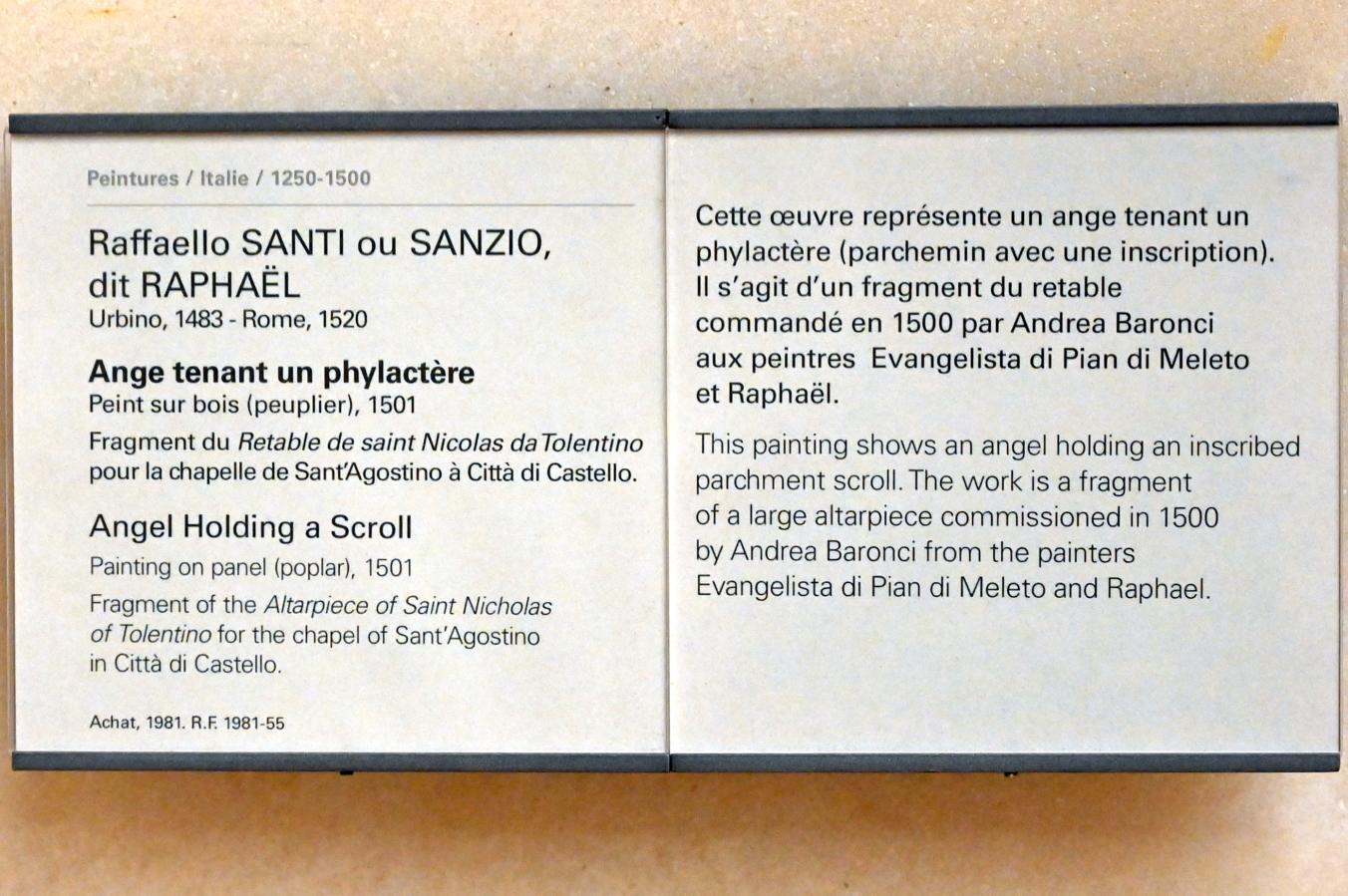 Raffael (Raffaello Sanzio da Urbino, Raffaello Santi) (1501–1519), Engel mit einer Spruchrolle, Città di Castello, Chiesa di Sant'Agostino, jetzt Paris, Musée du Louvre, Saal 709, 1501, Bild 2/2