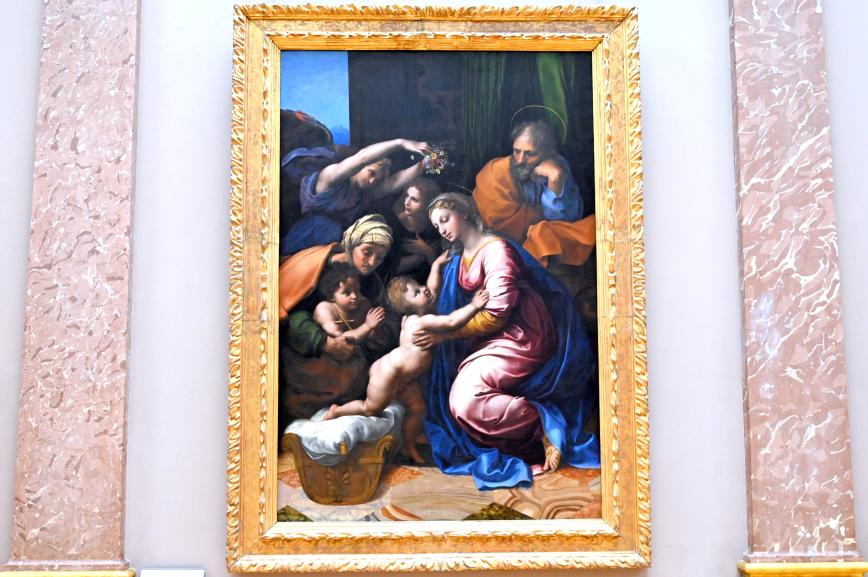 Raffael (Raffaello Sanzio da Urbino, Raffaello Santi) (1501–1519), Heilige Familie mit der Heiligen Elisabeth, dem Johannesknaben und zwei Engeln (Heilige Familie von Franz I.), Paris, Musée du Louvre, Saal 712f, um 1518