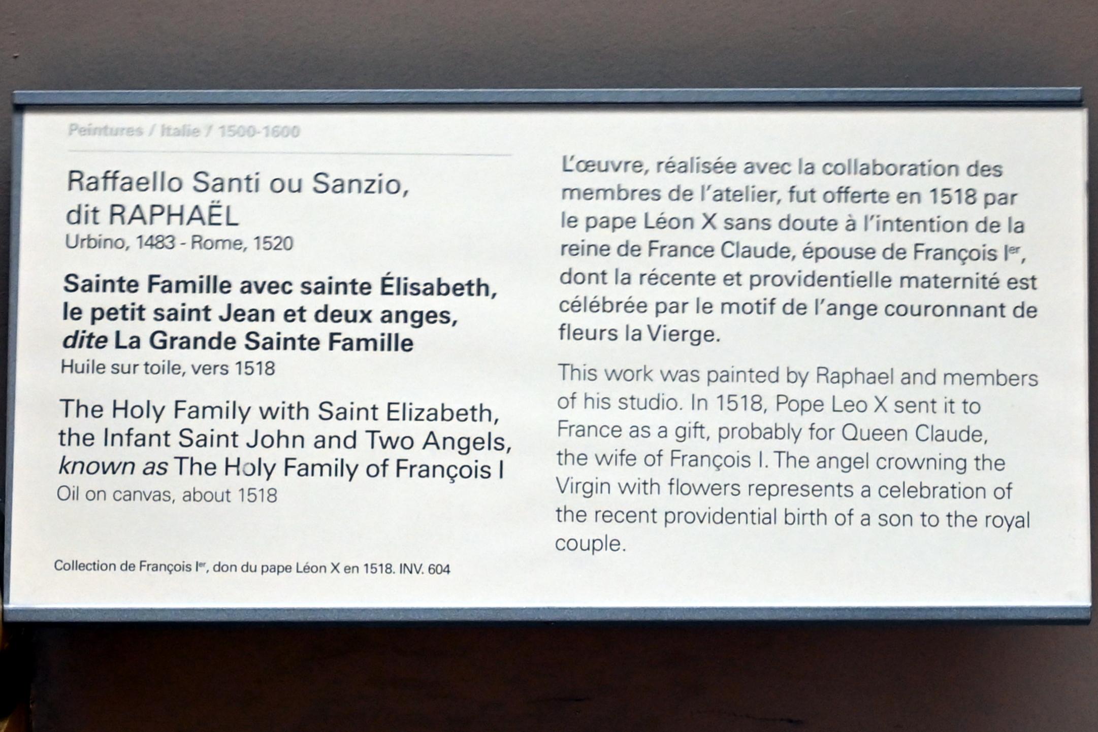 Raffael (Raffaello Sanzio da Urbino, Raffaello Santi) (1501–1519), Heilige Familie mit der Heiligen Elisabeth, dem Johannesknaben und zwei Engeln (Heilige Familie von Franz I.), Paris, Musée du Louvre, Saal 712f, um 1518, Bild 2/2