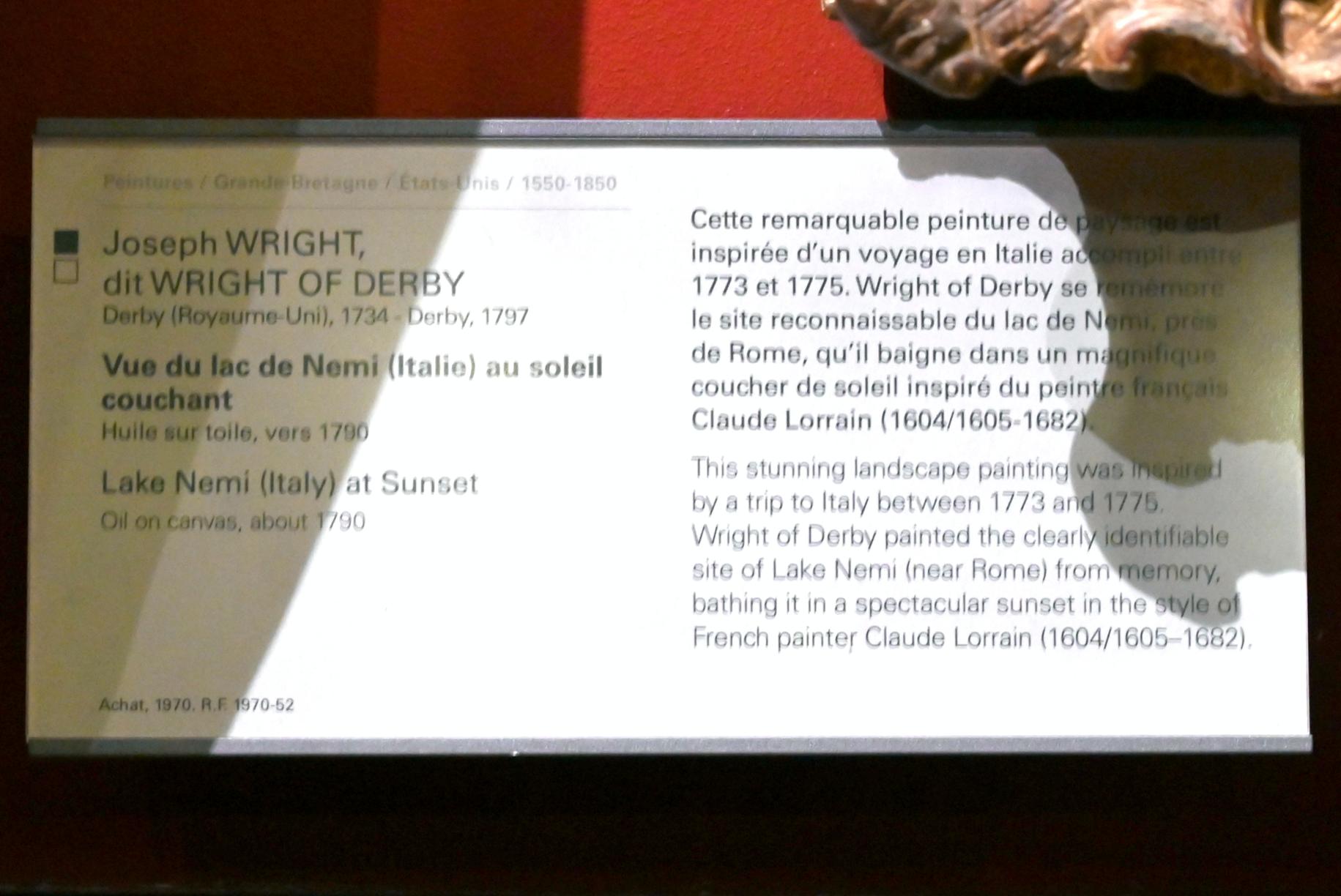 Joseph Wright of Derby (1765–1790), Blick auf den Nemisee (Italien) bei Sonnenuntergang, Paris, Musée du Louvre, Saal 713, um 1790, Bild 2/2