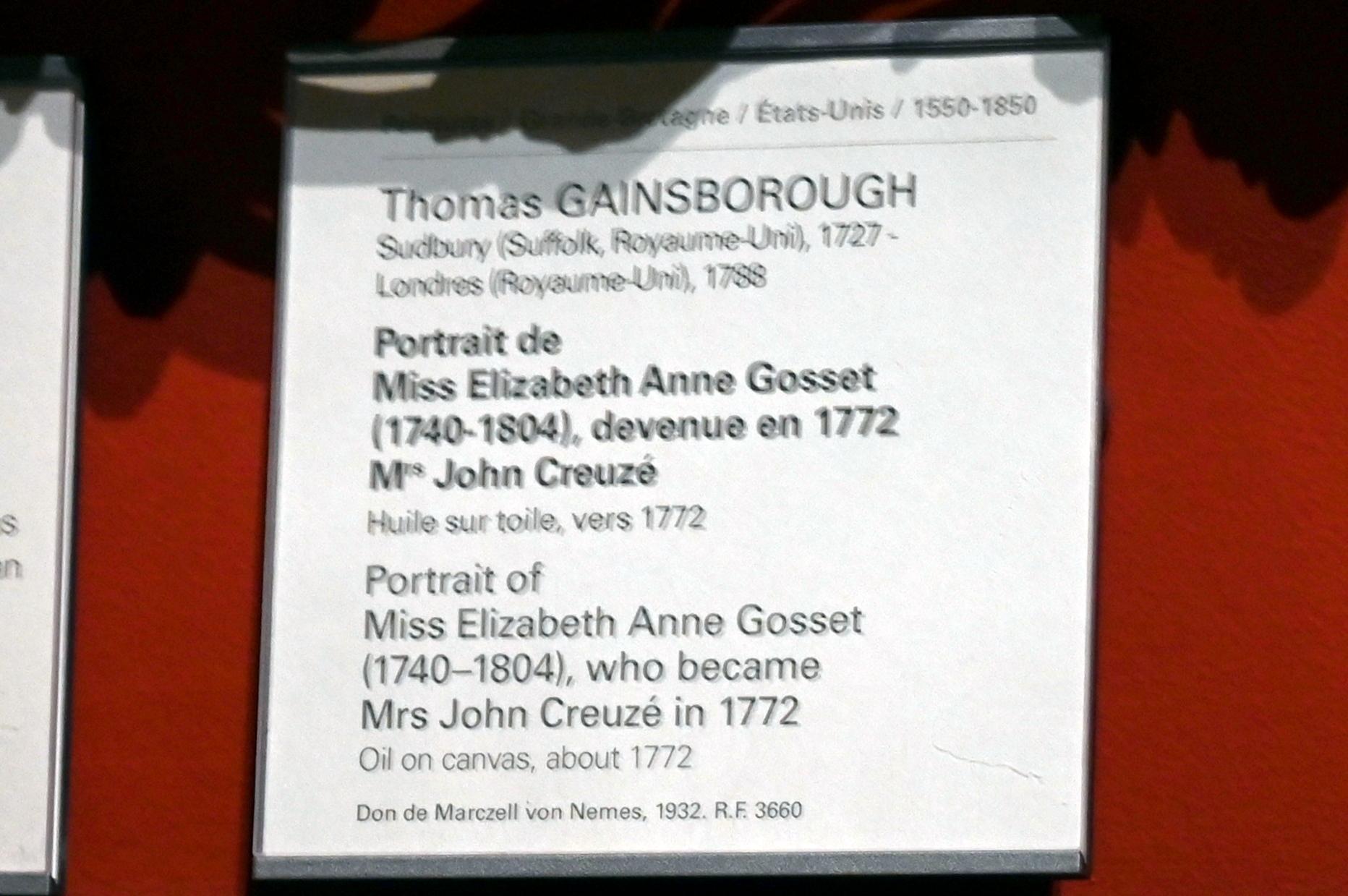 Thomas Gainsborough (1748–1788), Porträt der Miss Elizabeth Anne Gosset (1740-1804), die 1772 M's John Creuze wurde, Paris, Musée du Louvre, Saal 713, um 1772, Bild 2/2