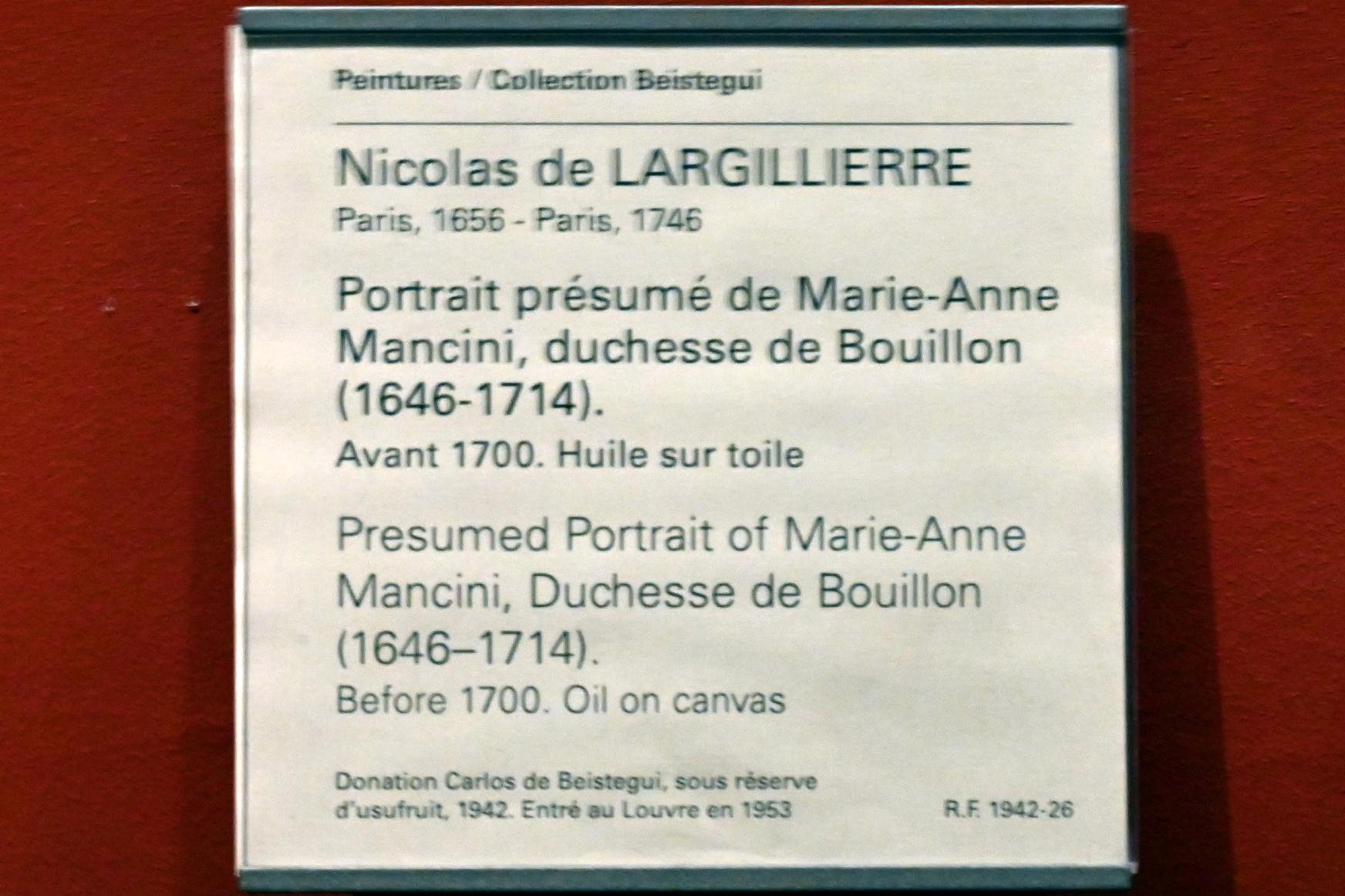 Nicolas de Largillière (1680–1730), Vermutliches Porträt der Marie-Anne Mancini, Herzogin von Bouillon (1646-1714), Paris, Musée du Louvre, Saal 714, vor 1700, Bild 2/2