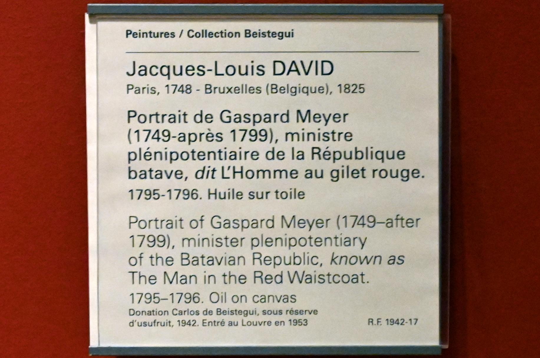 Jacques-Louis David (1782–1824), Porträt des Gaspard Meyer (1749-nach 1799), bevollmächtigter Minister der Batavischen Republik (Der Mann in der roten Weste), Paris, Musée du Louvre, Saal 714, 1795–1796, Bild 2/2
