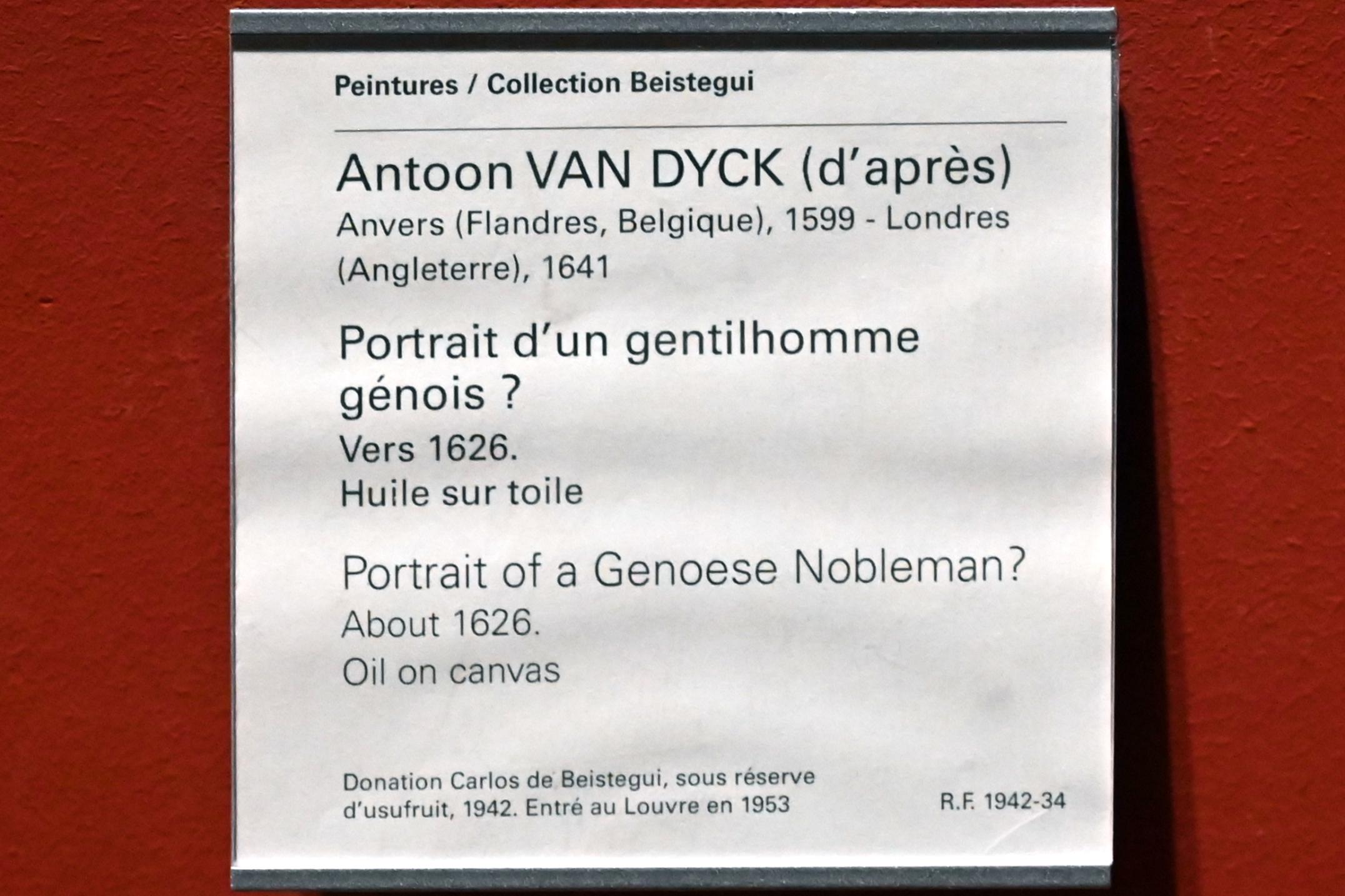 Anthonis (Anton) van Dyck (Nachahmer) (1619–1650), Porträt eines genuesischen Adligen (?), Paris, Musée du Louvre, Saal 714, um 1626, Bild 2/2