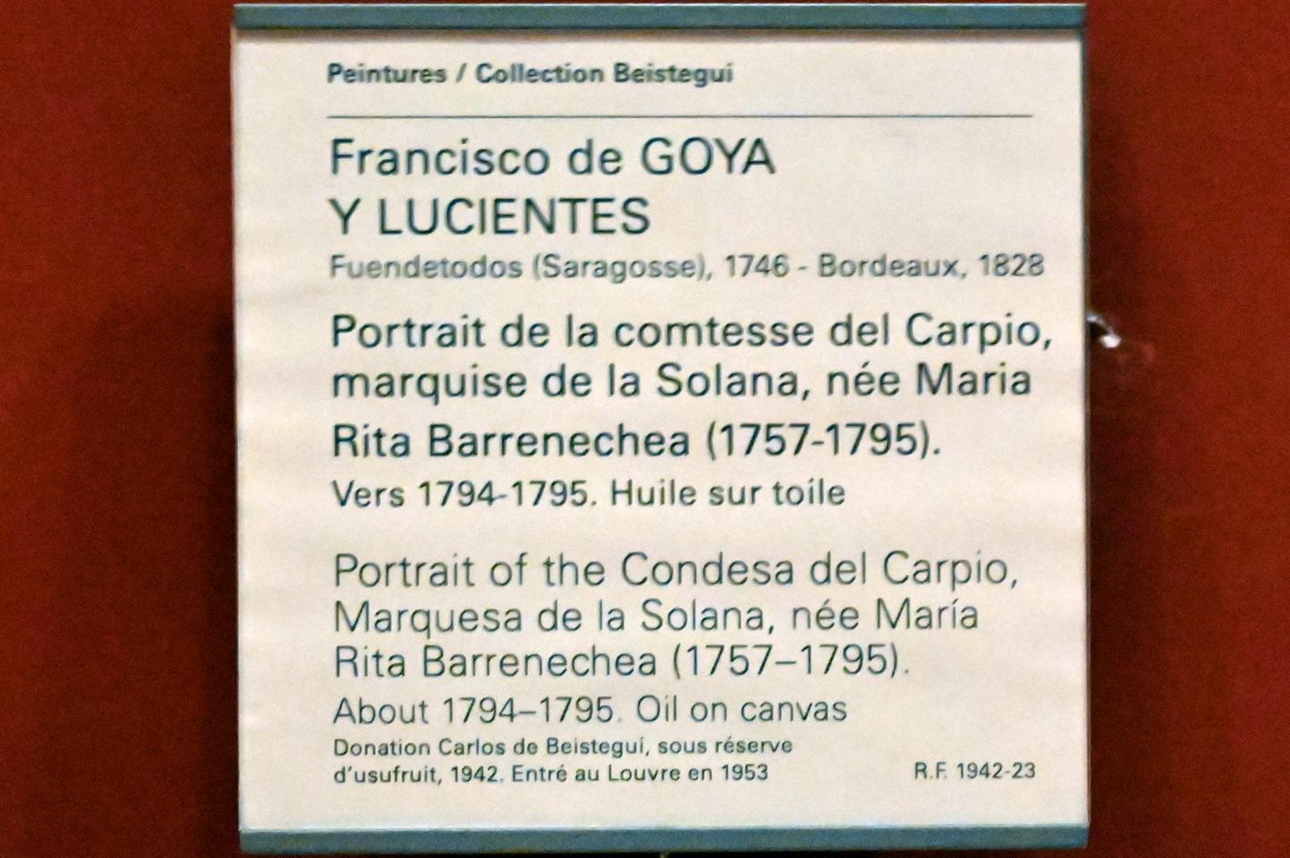 Francisco de Goya (Francisco José de Goya y Lucientes) (1779–1820), Porträt der Gräfin del Carpio, Marquise de la Solana, geborene Maria Rita Barrenechea (1757-1795), Paris, Musée du Louvre, Saal 714, um 1794–1795, Bild 2/2