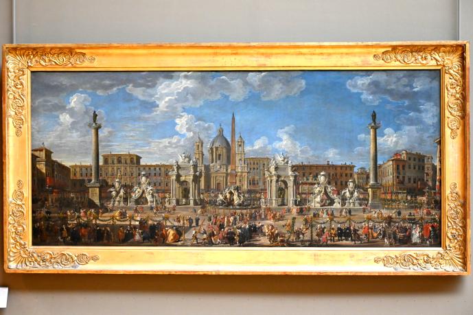 Giovanni Paolo Pannini (1722–1759), Vorbereitung des Feuerwerks und der Dekoration auf der Piazza Navona in Rom am 30. November 1729 zur Feier der Geburt des Dauphin von Frankreich, Paris, Musée du Louvre, Saal 718, 1729