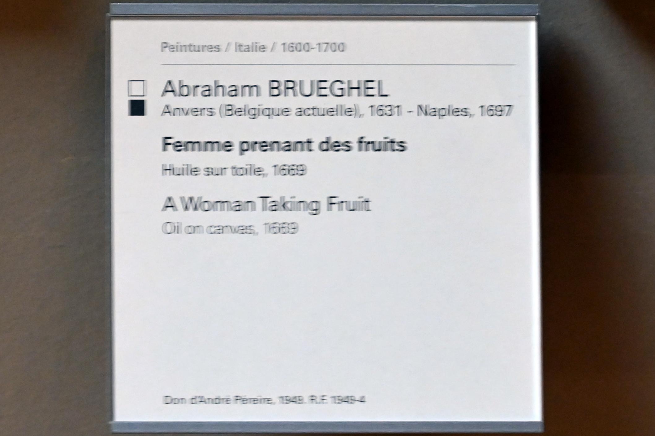 Abraham Brueghel (1669–1675), Eine Frau greift zur Frucht, Paris, Musée du Louvre, Saal 718, 1669, Bild 2/2