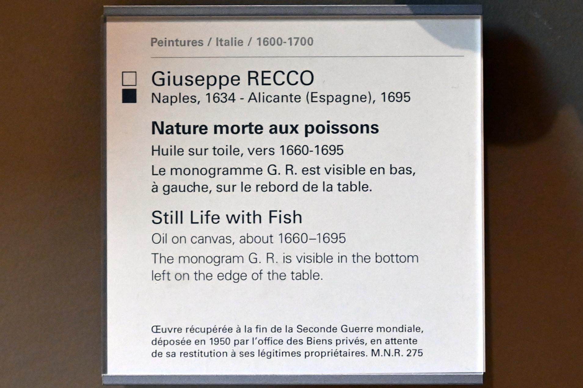 Giuseppe Recco (1677–1695), Stillleben mit Fisch, Paris, Musée du Louvre, Saal 718, um 1660–1695, Bild 2/2