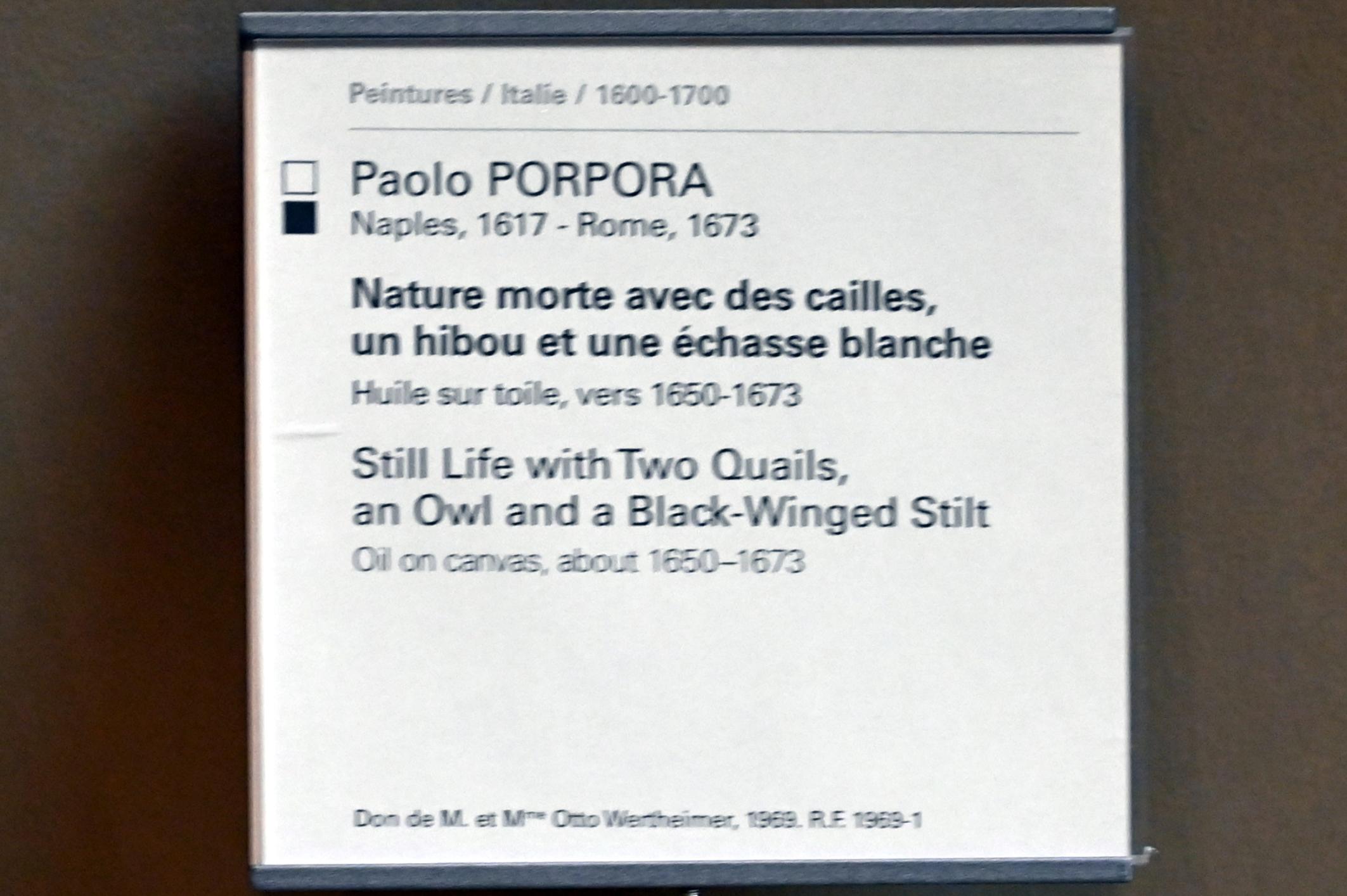 Paolo Porpora (1661), Stillleben mit zwei Wachteln, einer Eule und einem Stelzenläufer, Paris, Musée du Louvre, Saal 718, um 1650–1673, Bild 2/2