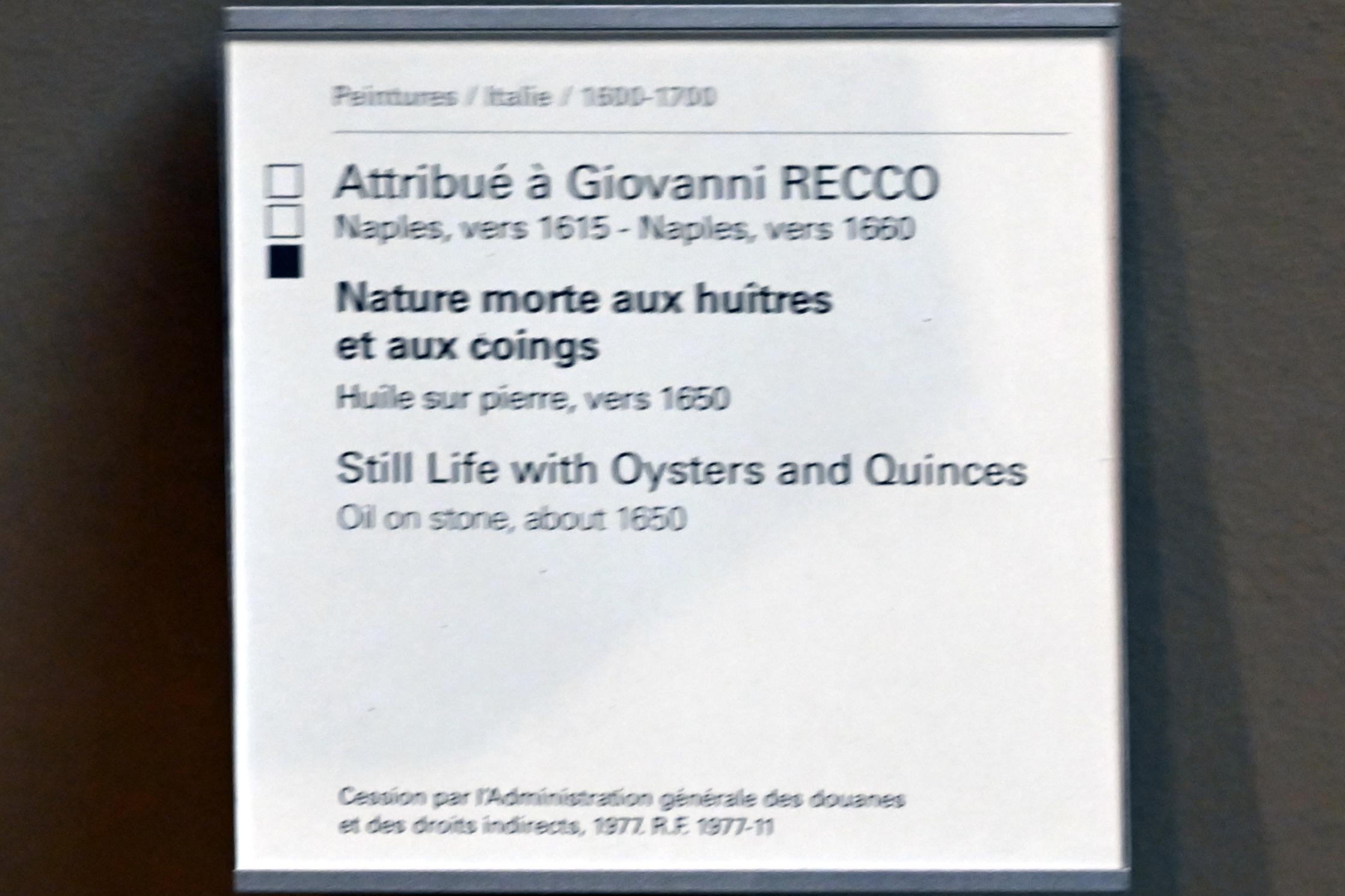Giovanni Battista Recco (1650), Stillleben mit Austern und Quitten, Paris, Musée du Louvre, Saal 718, um 1650, Bild 2/2