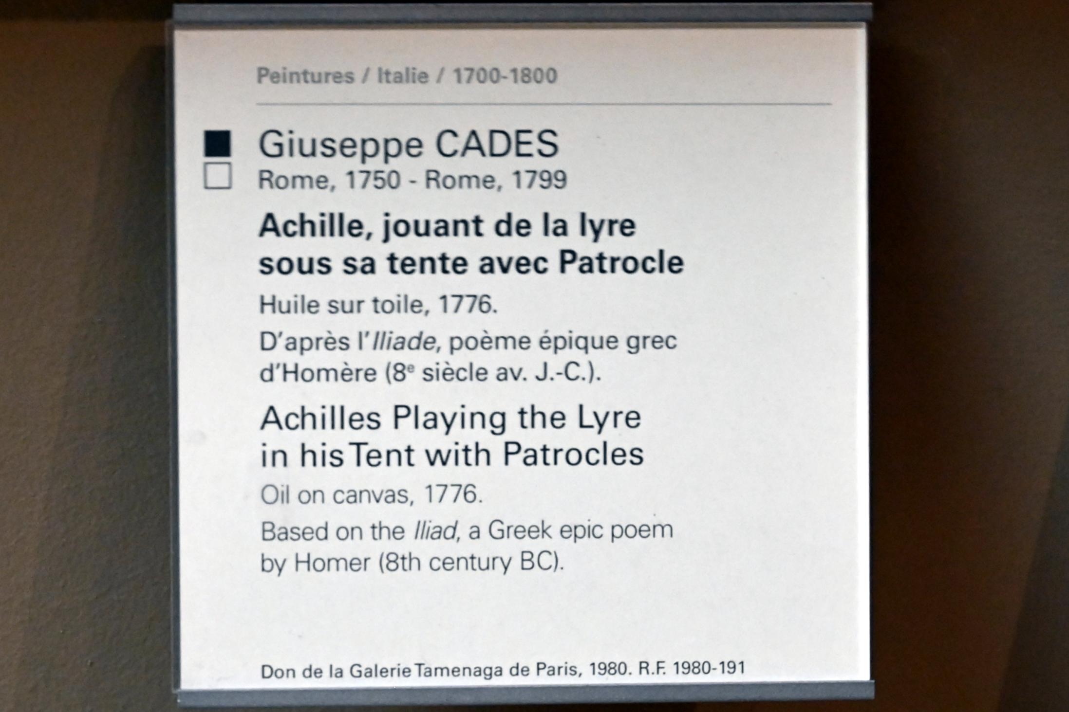 Giuseppe Cades (1776–1792), Achilleus spielt mit Patrokles in seinem Zelt die Leier, Paris, Musée du Louvre, Saal 718, 1776, Bild 2/2