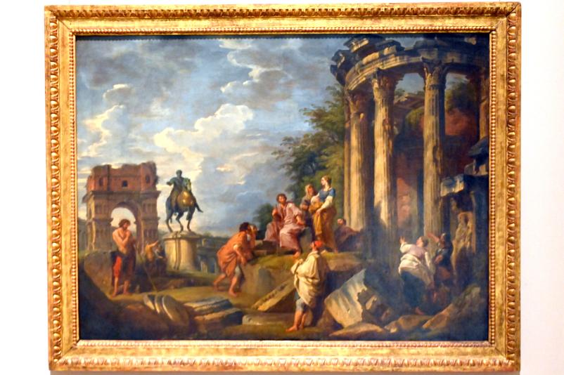 Giovanni Paolo Pannini (1722–1759), Architektonische Ruinen mit dem Janusbogen, dem Vesta-Tempel und der Reiterstatue von Marc Aurel, Paris, Musée du Louvre, Saal 718, 1743