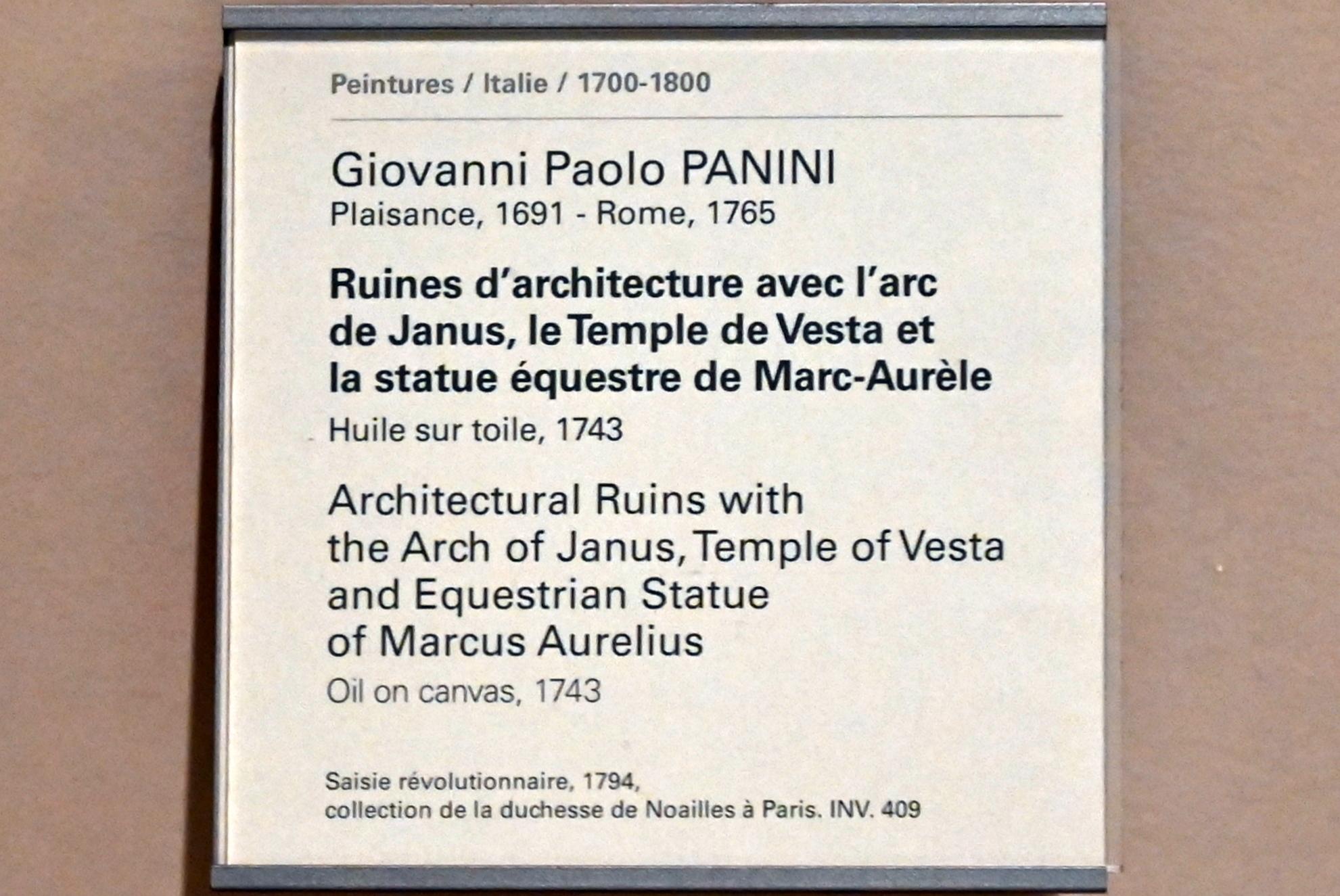 Giovanni Paolo Pannini (1722–1759), Architektonische Ruinen mit dem Janusbogen, dem Vesta-Tempel und der Reiterstatue von Marc Aurel, Paris, Musée du Louvre, Saal 718, 1743, Bild 2/2