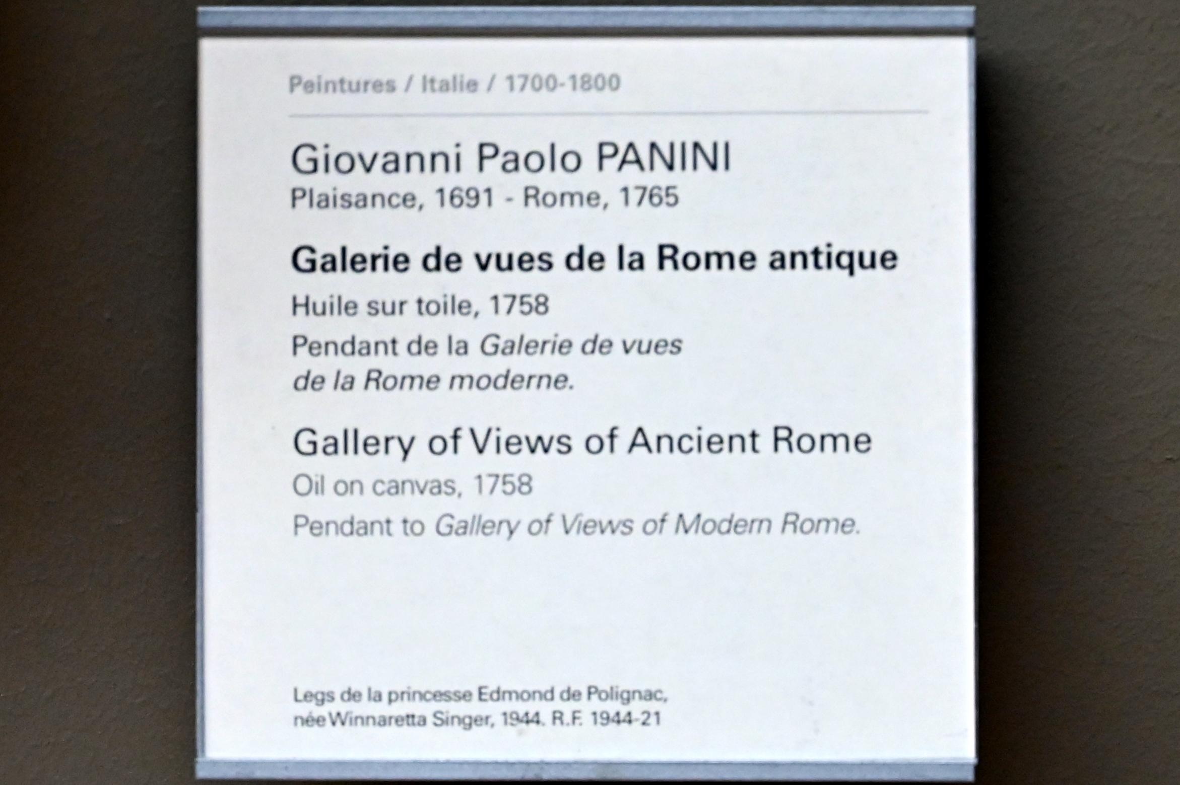 Giovanni Paolo Pannini (1722–1759), Bildergalerie des antiken Rom, Paris, Musée du Louvre, Saal 718, 1758, Bild 3/3