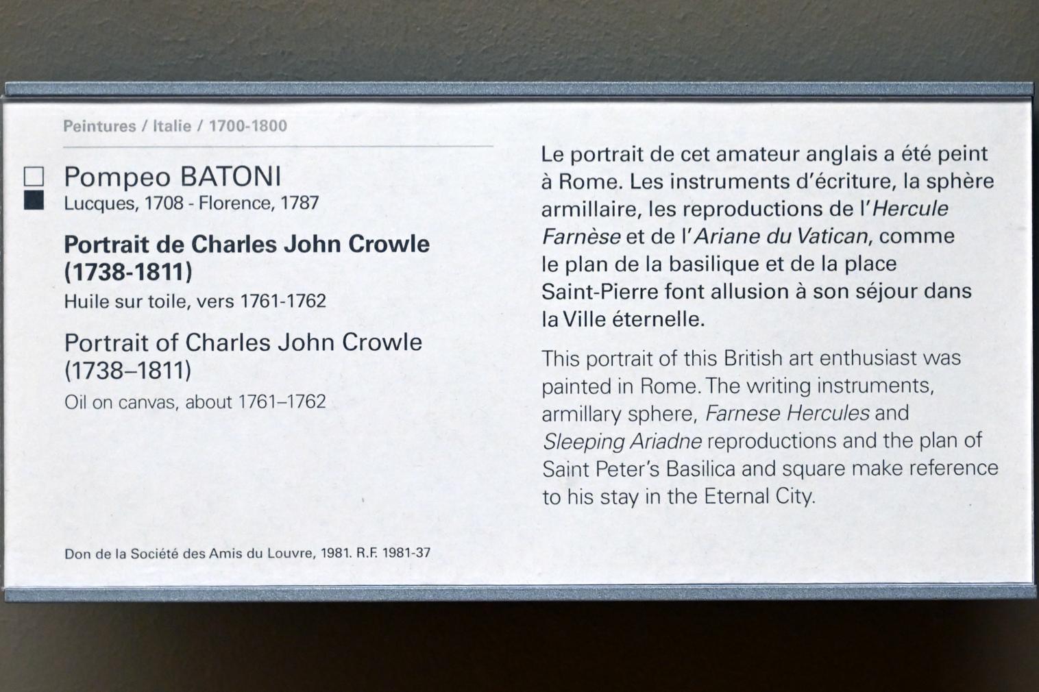 Pompeo Girolamo Batoni (1732–1785), Porträt des Charles John Crowle (1738–1811), Paris, Musée du Louvre, Saal 718, um 1761–1762, Bild 2/2