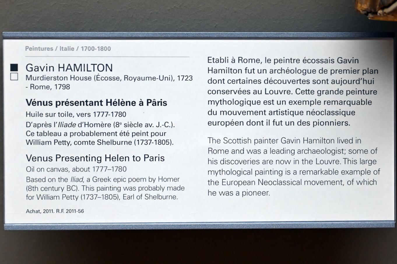 Gavin Hamilton (1748–1778), Venus übergibt Helena an Paris, Paris, Musée du Louvre, Saal 718, um 1777–1780, Bild 2/2