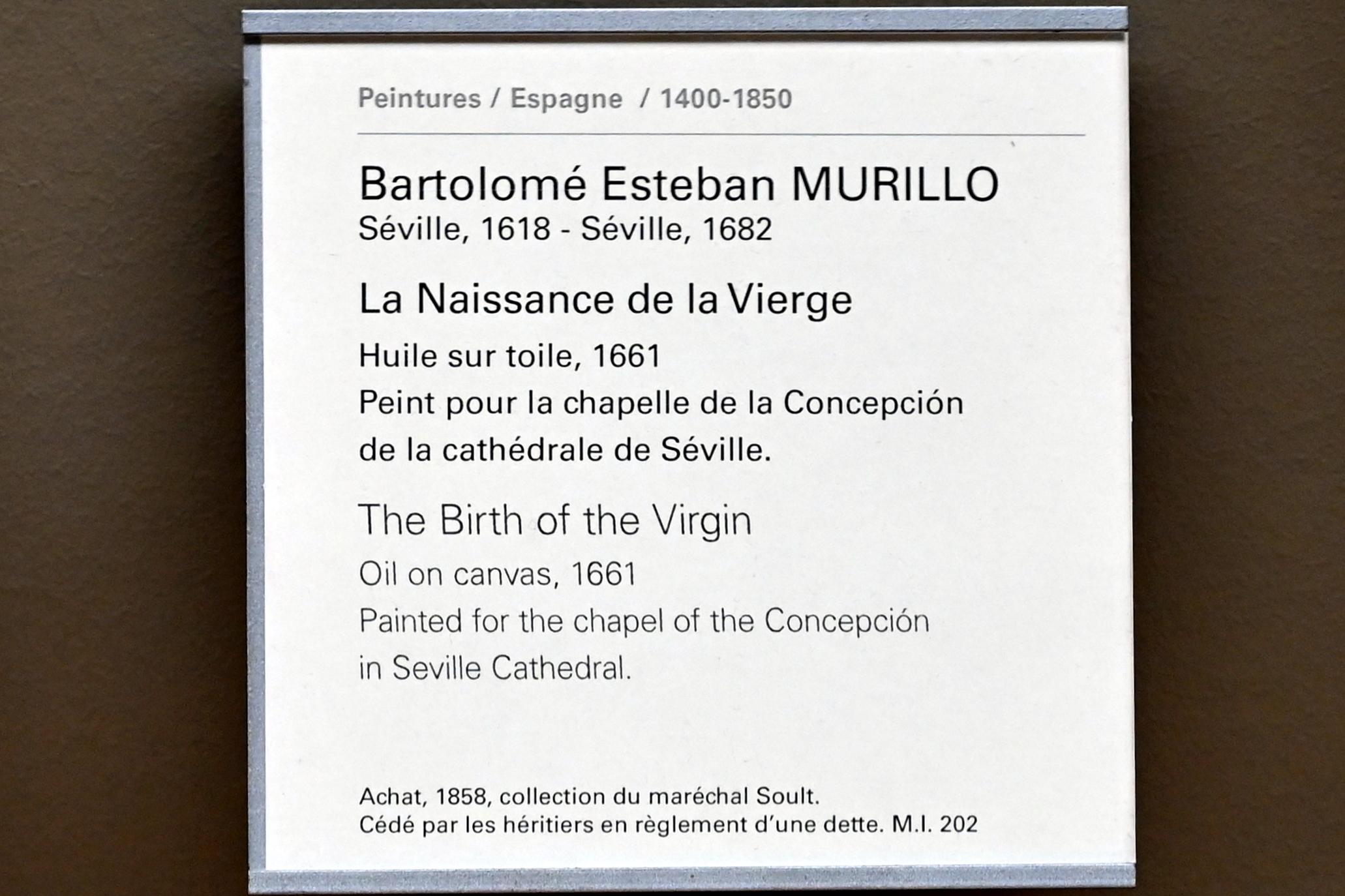 Bartolomé Esteban Murillo (1645–1678), Die Geburt der Jungfrau, Sevilla, Kathedrale Santa María de la Sede, jetzt Paris, Musée du Louvre, Saal 718, 1661, Bild 2/2
