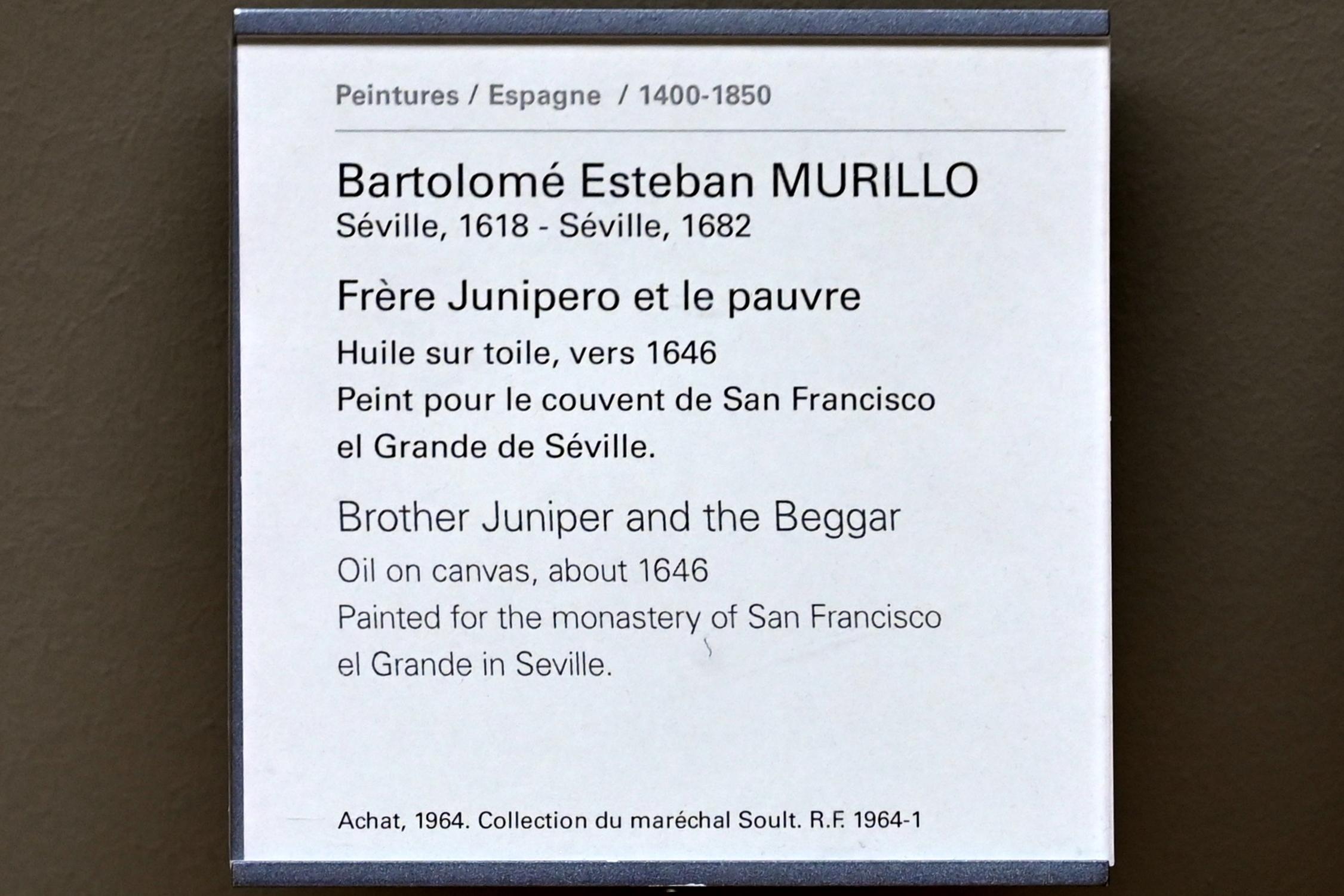 Bartolomé Esteban Murillo (1645–1678), Bruder Juniper und der Bettler, Sevilla, Franziskanerkloster, jetzt Paris, Musée du Louvre, Saal 718, um 1646, Bild 2/2