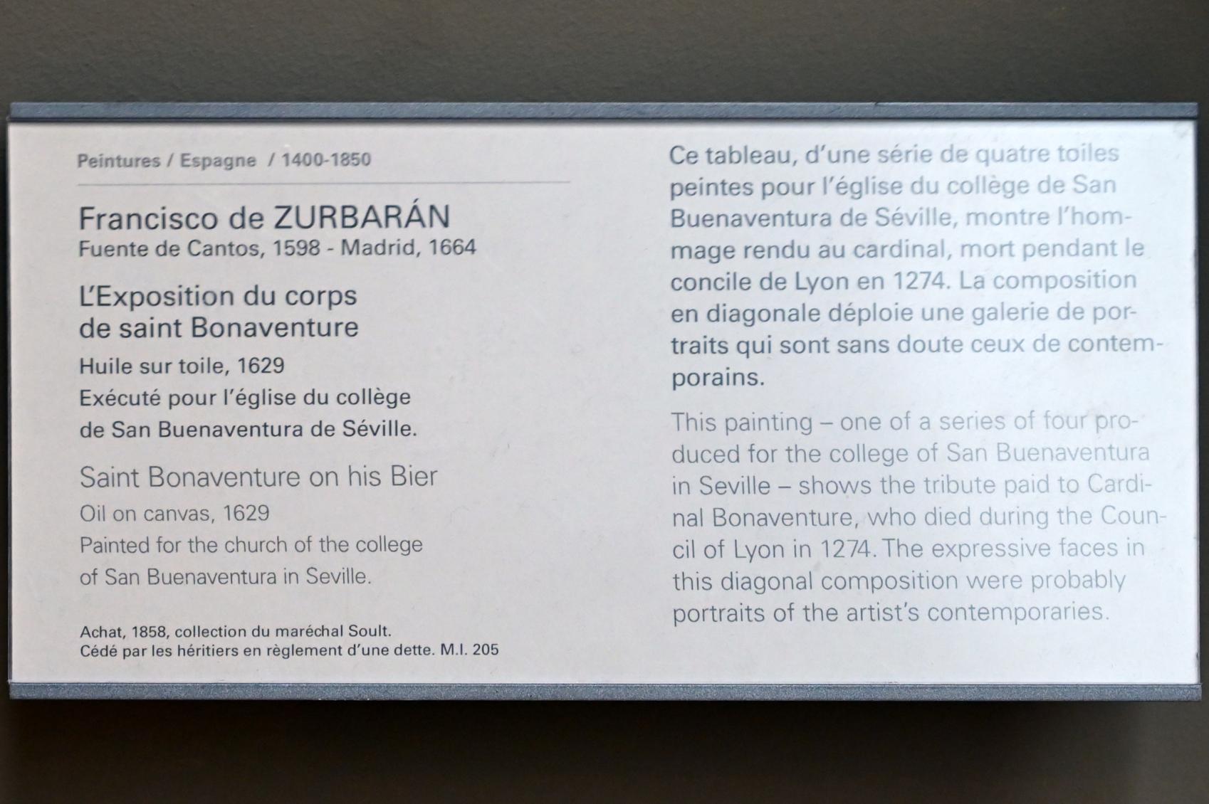 Francisco de Zurbarán y Salazar (1628–1661), Aufbahrung des Heiligen Bonaventura, Sevilla, Colegio de San Buenaventura, jetzt Paris, Musée du Louvre, Saal 718, 1629, Bild 2/2