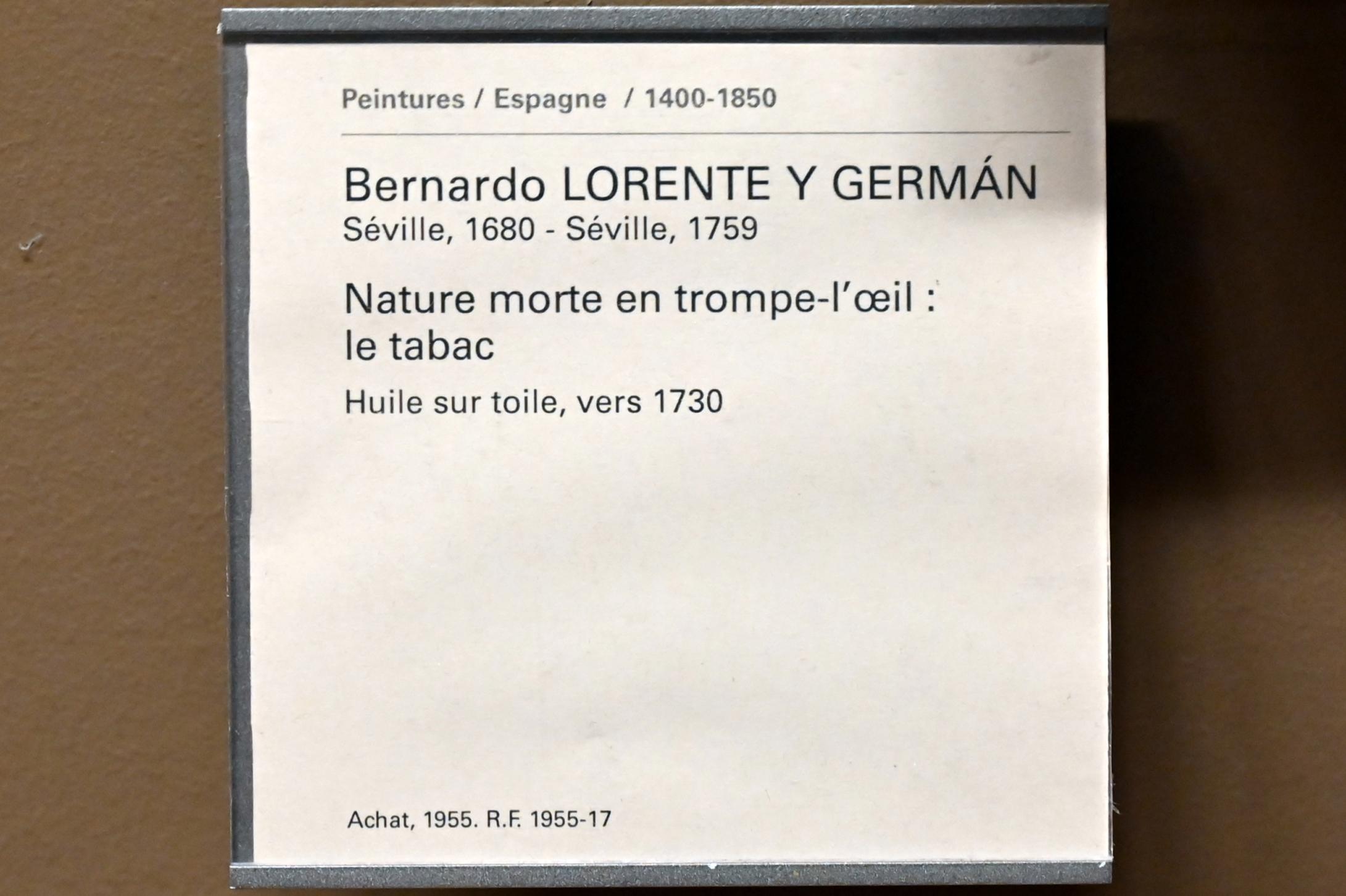 Bernardo Lorente Germán (1730), Trompe-l'œil-Stillleben: Tabak, Paris, Musée du Louvre, Saal 719, um 1730, Bild 2/2