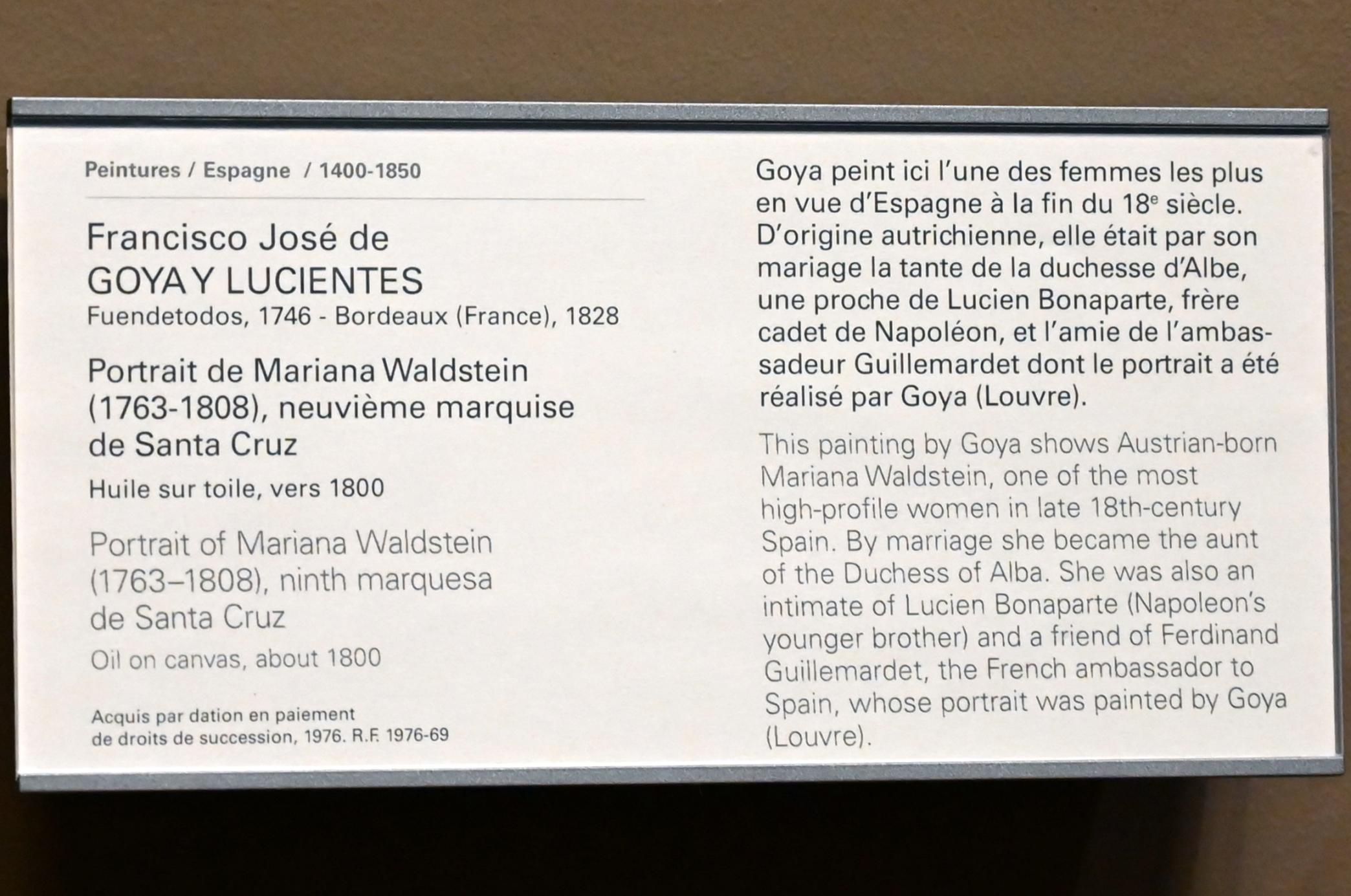 Francisco de Goya (Francisco José de Goya y Lucientes) (1779–1820), Porträt der Mariana Waldstein (1763-1808), neunte Marquise von Santa Cruz, Paris, Musée du Louvre, Saal 719, um 1800, Bild 2/2