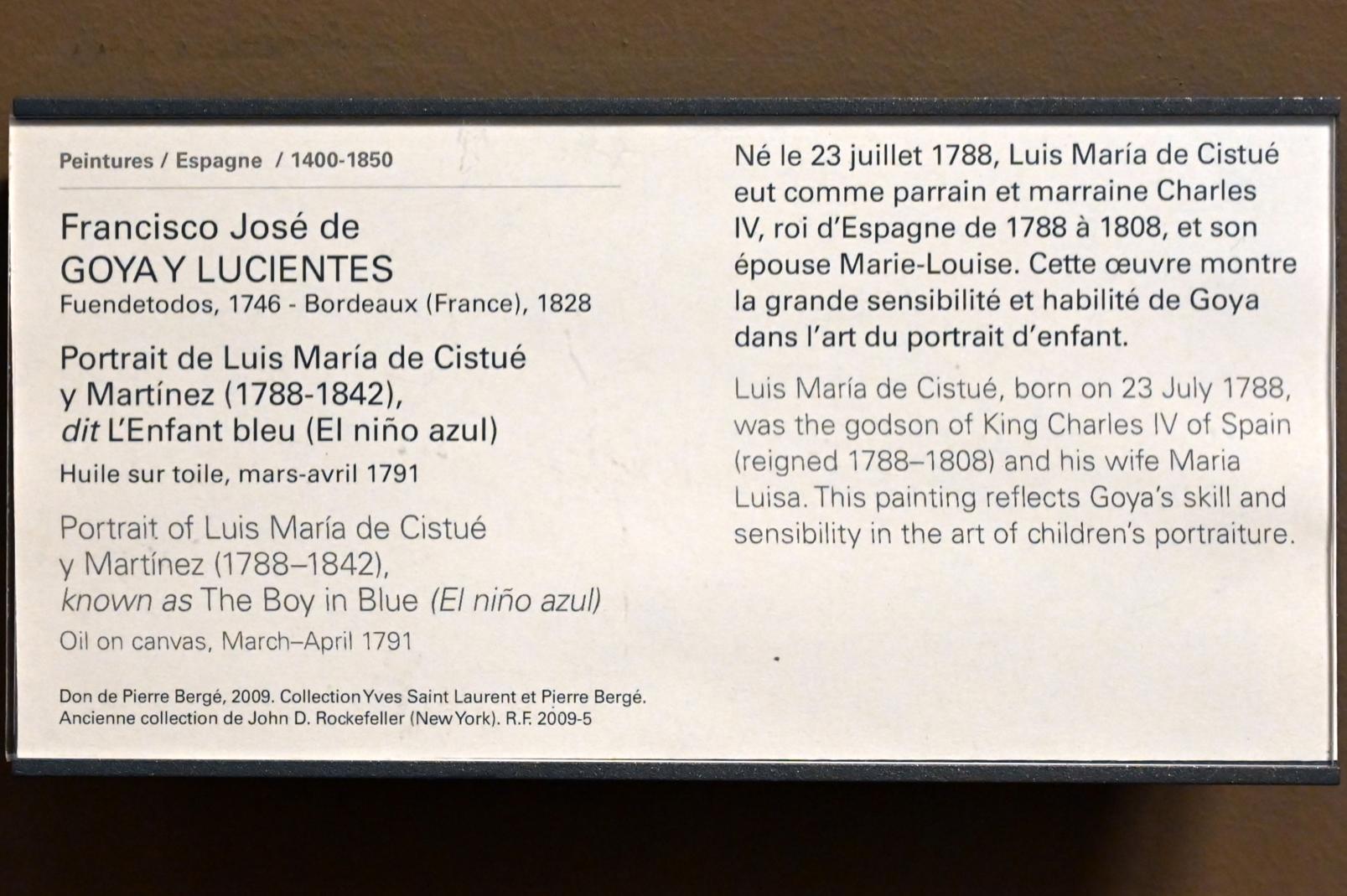 Francisco de Goya (Francisco José de Goya y Lucientes) (1779–1820), Porträt des Luis María de Cistué y Martínez (1788-1842) (Der Junge in Blau), Paris, Musée du Louvre, Saal 719, 1791, Bild 2/2