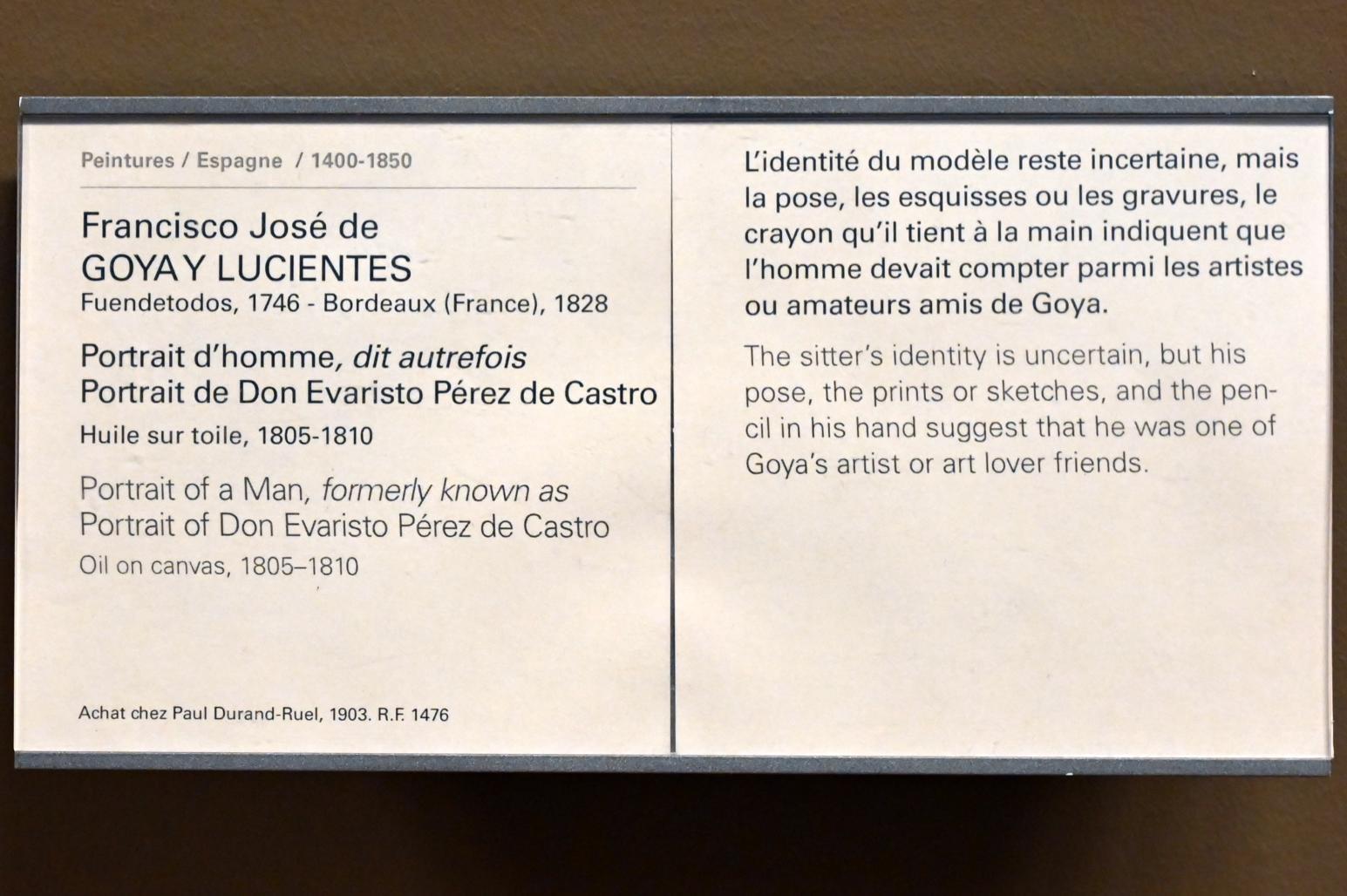 Francisco de Goya (Francisco José de Goya y Lucientes) (1779–1820), Porträt eines Mannes, früher bekannt als Porträt von Don Evaristo Perez de Castro, Paris, Musée du Louvre, Saal 719, 1805–1810, Bild 2/2