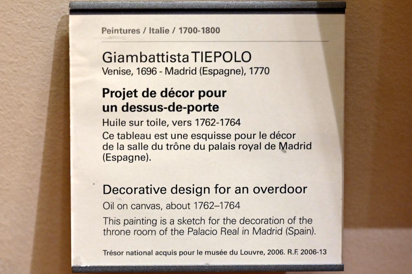 Giovanni Battista Tiepolo (1715–1785), Dekor für eine Supraporte, Madrid, Palacio Real, jetzt Paris, Musée du Louvre, Saal 725, um 1762–1764, Bild 2/2