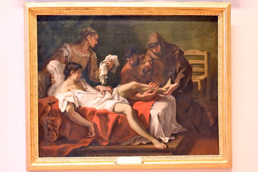 Sebastiano Ricci (1692–1733), Der heilige Antonius von Padua heilt einen Jugendlichen, der sich aus Reue, weil er seine Mutter geschlagen hatte, das Bein abgetrennt hatte, Paris, Musée du Louvre, Saal 724, um 1725–1730, Bild 1/2