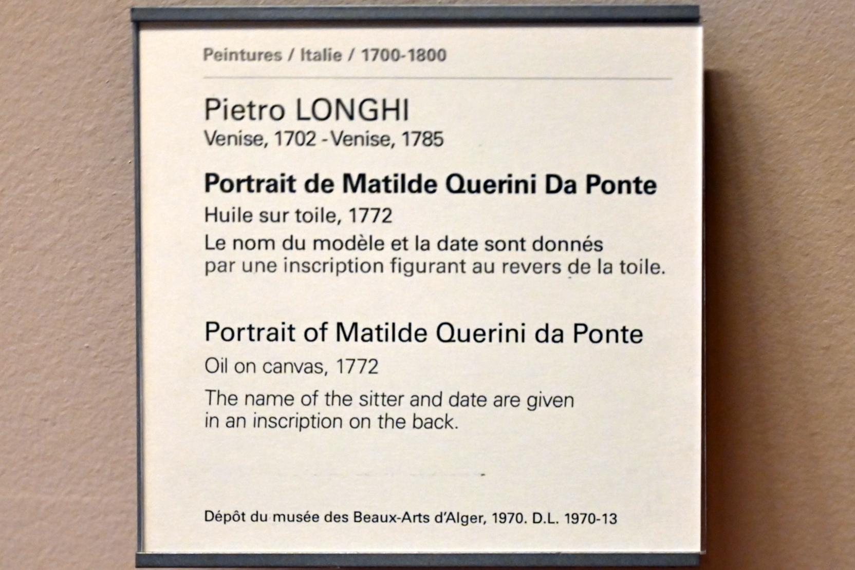 Pietro Longhi (1740–1772), Porträt der Matilde Querini da Ponte, Paris, Musée du Louvre, Saal 724, 1772, Bild 2/2