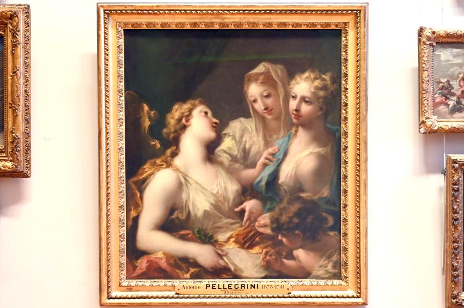Giovanni Antonio Pellegrini (1710–1736), Die Personifikation der Bescheidenheit führt die Malerei in die Akademie ein, Paris, Musée du Louvre, Saal 724, 1733