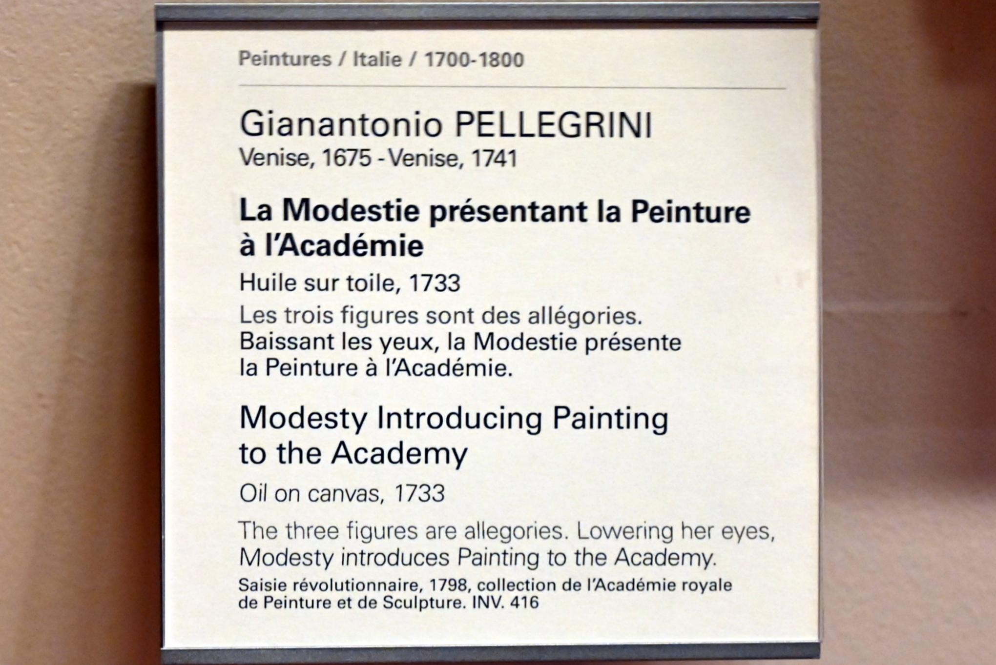 Giovanni Antonio Pellegrini (1710–1736), Die Personifikation der Bescheidenheit führt die Malerei in die Akademie ein, Paris, Musée du Louvre, Saal 724, 1733, Bild 2/2