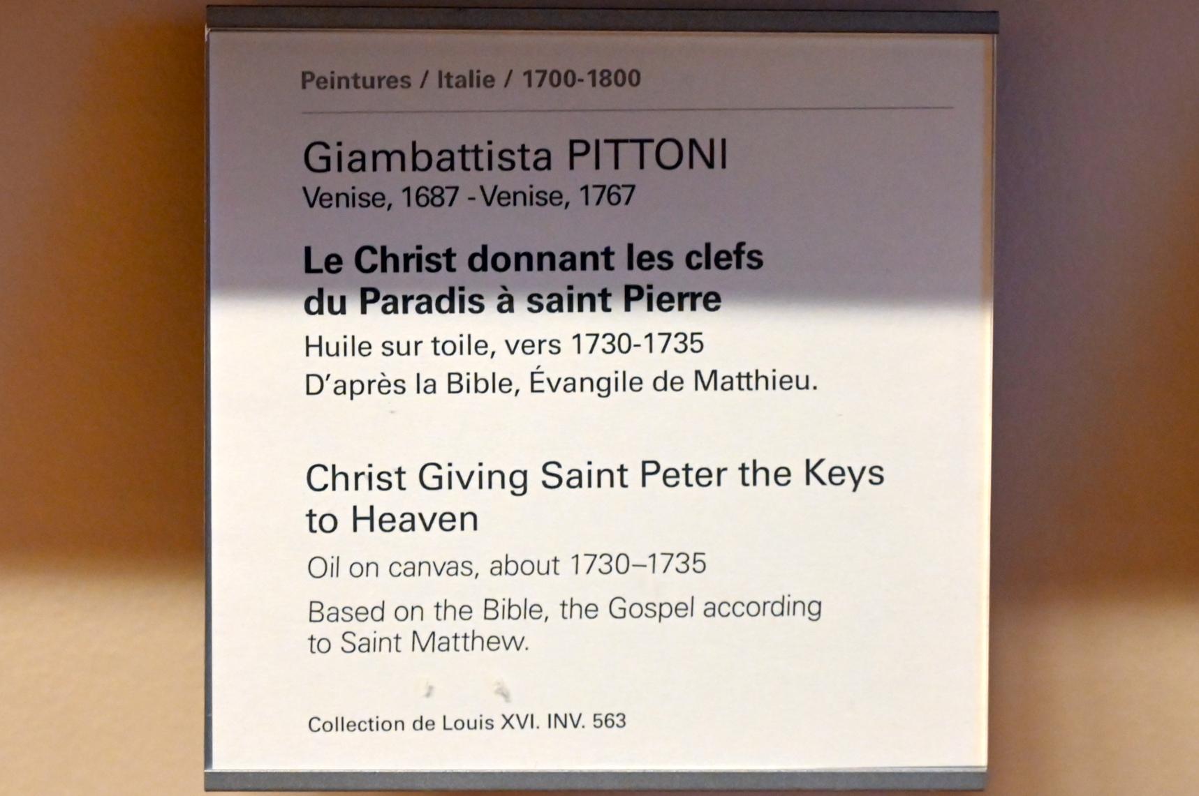 Giovanni Battista Pittoni (1722–1748), Christus gibt dem heiligen Petrus die Schlüssel zum Himmel, Paris, Musée du Louvre, Saal 724, um 1730–1735, Bild 2/2