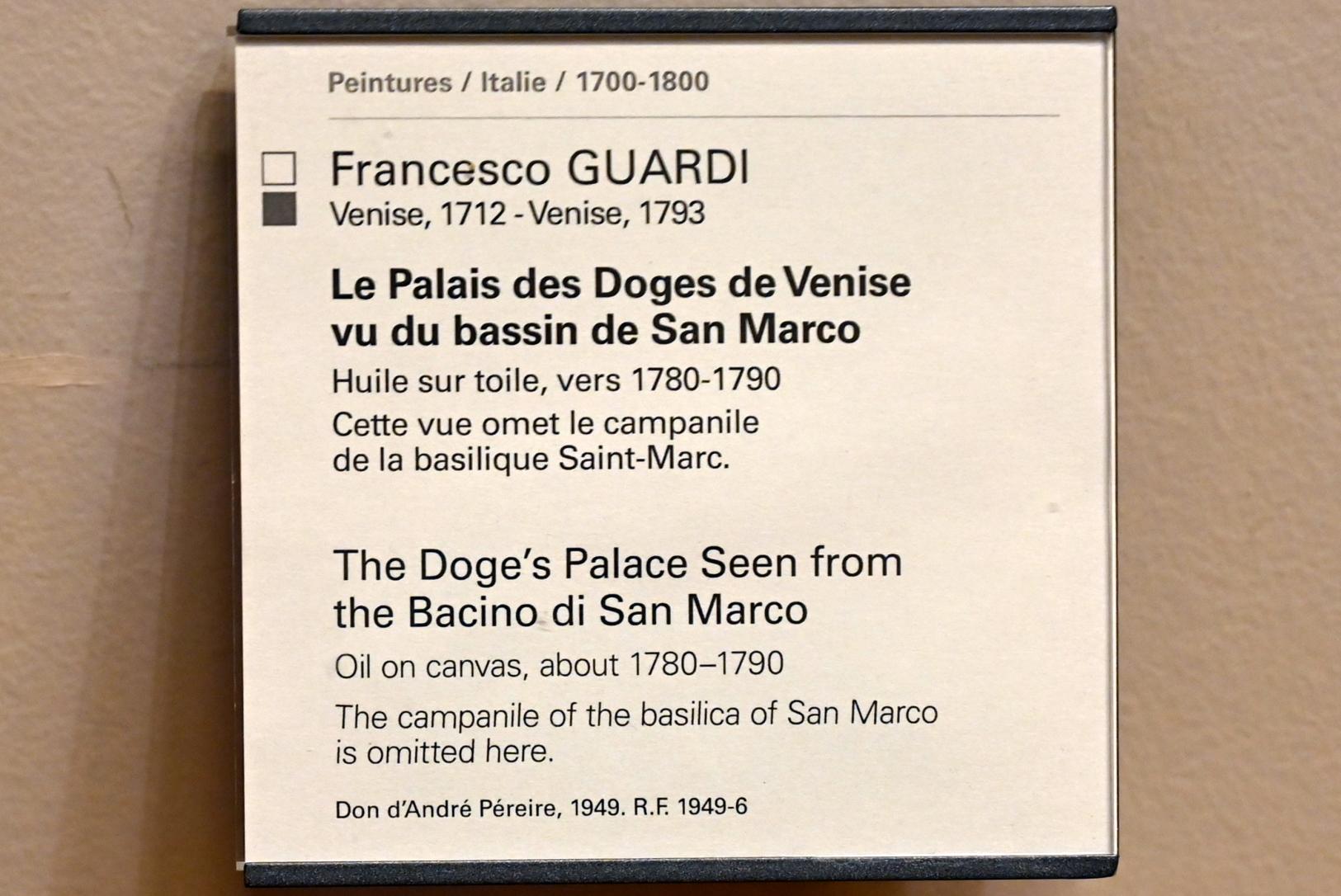 Francesco Guardi (1755–1790), Der Dogenpalast vom Bacino di San Marco aus gesehen, Paris, Musée du Louvre, Saal 723, um 1780–1790, Bild 2/2