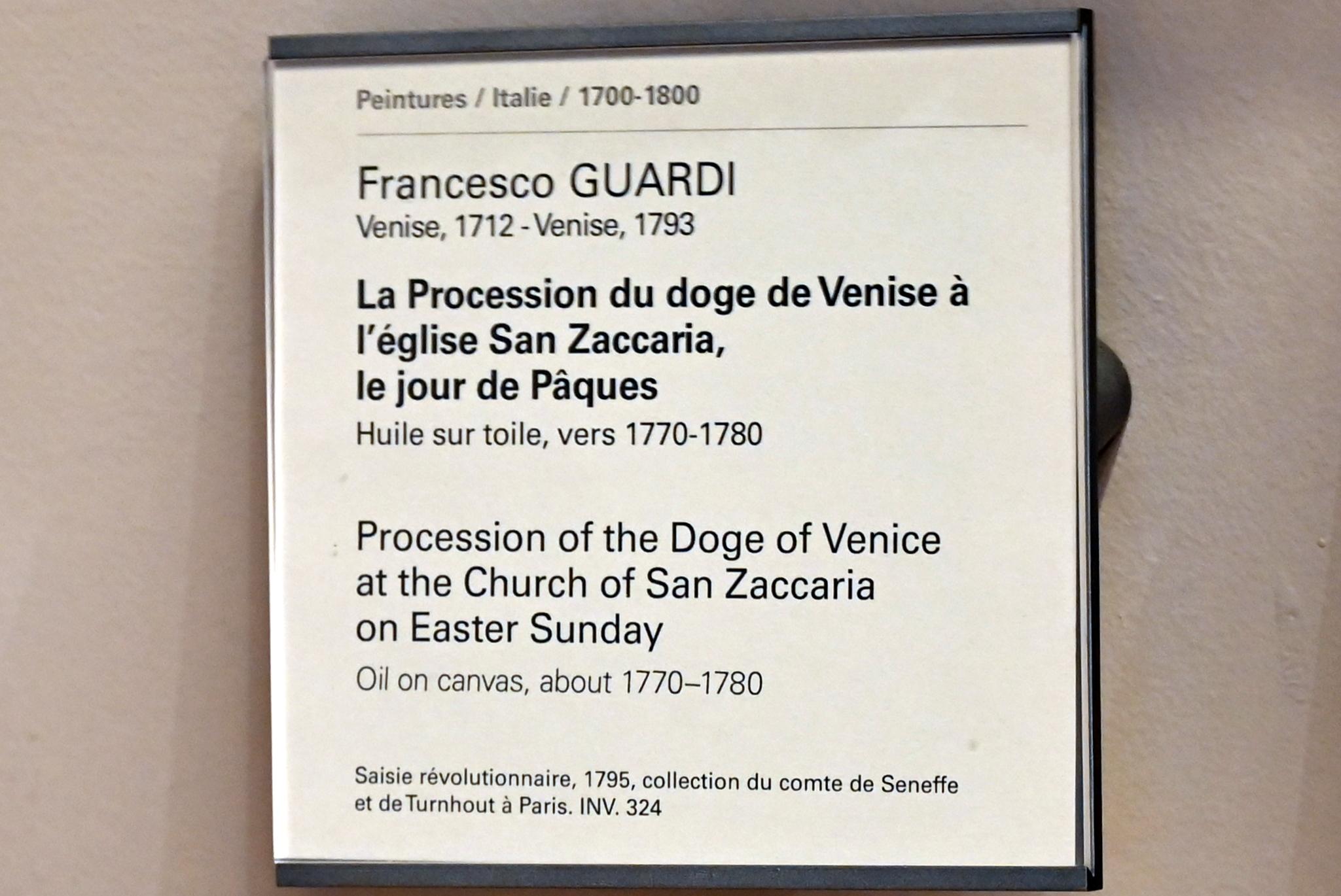 Francesco Guardi (1755–1790), Prozession des Dogen von Venedig zur Kirche San Zaccaria am Ostersonntag, Paris, Musée du Louvre, Saal 723, um 1770–1780, Bild 2/2