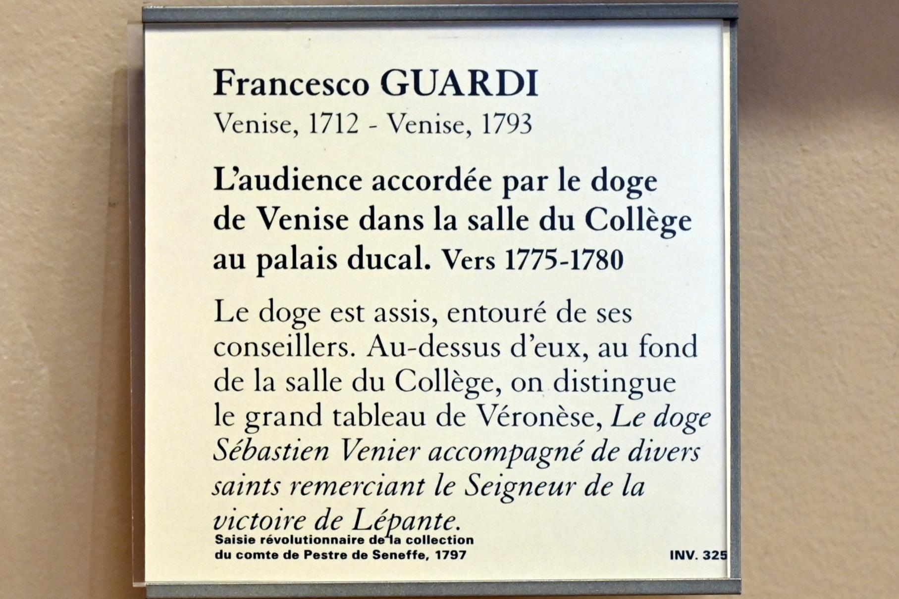 Francesco Guardi (1755–1790), Vom Dogen von Venedig gewährte Audienz im Kollegiumssaal des Herzogspalastes, Paris, Musée du Louvre, Saal 723, um 1775–1780, Bild 2/2