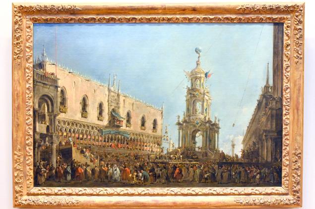 Francesco Guardi (1755–1790), Der Doge von Venedig nimmt an den Feierlichkeiten zum Faschingsdonnerstag auf der Piazzetta teil, Paris, Musée du Louvre, Saal 723, um 1770–1780