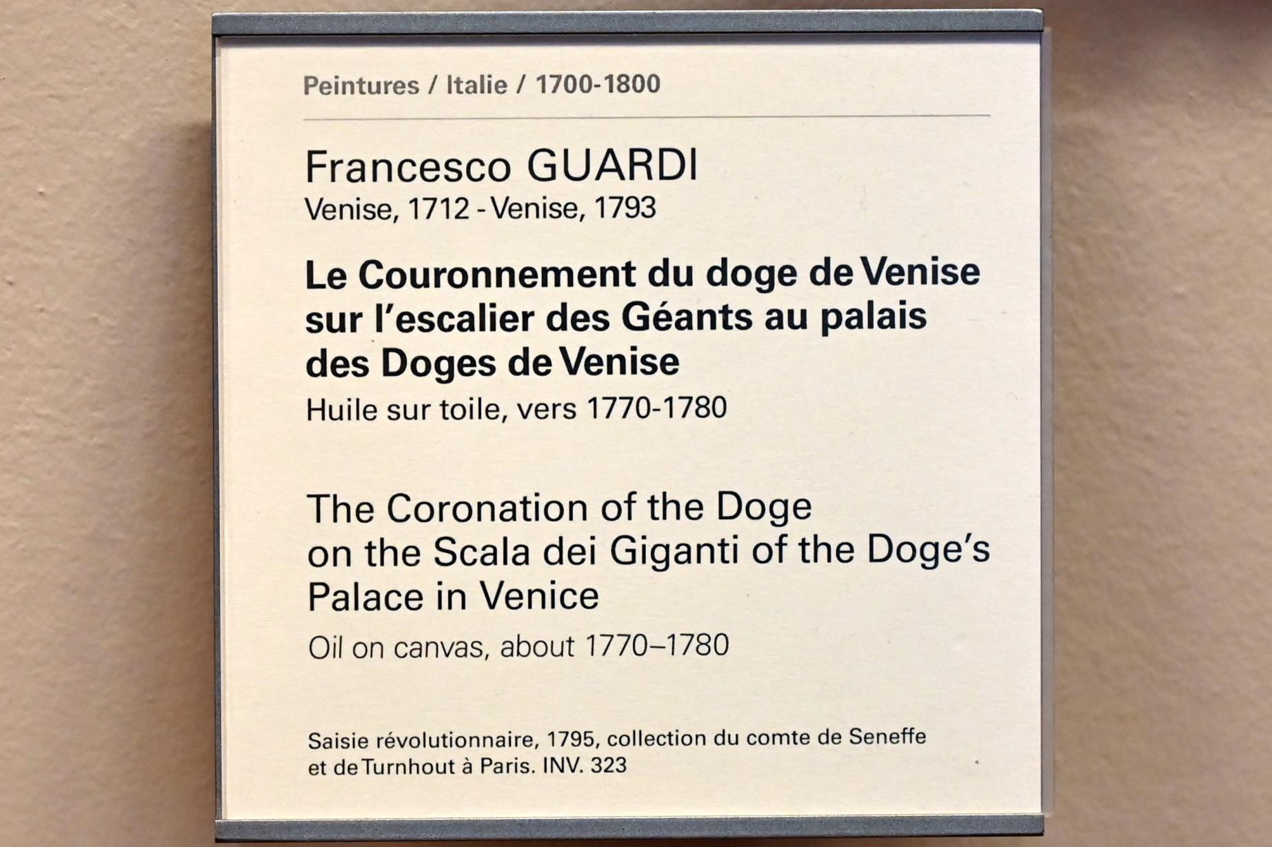 Francesco Guardi (1755–1790), Die Krönung des Dogen auf der Scala dei Giganti des Dogenpalastes in Venedig, Paris, Musée du Louvre, Saal 723, um 1770–1780, Bild 2/2
