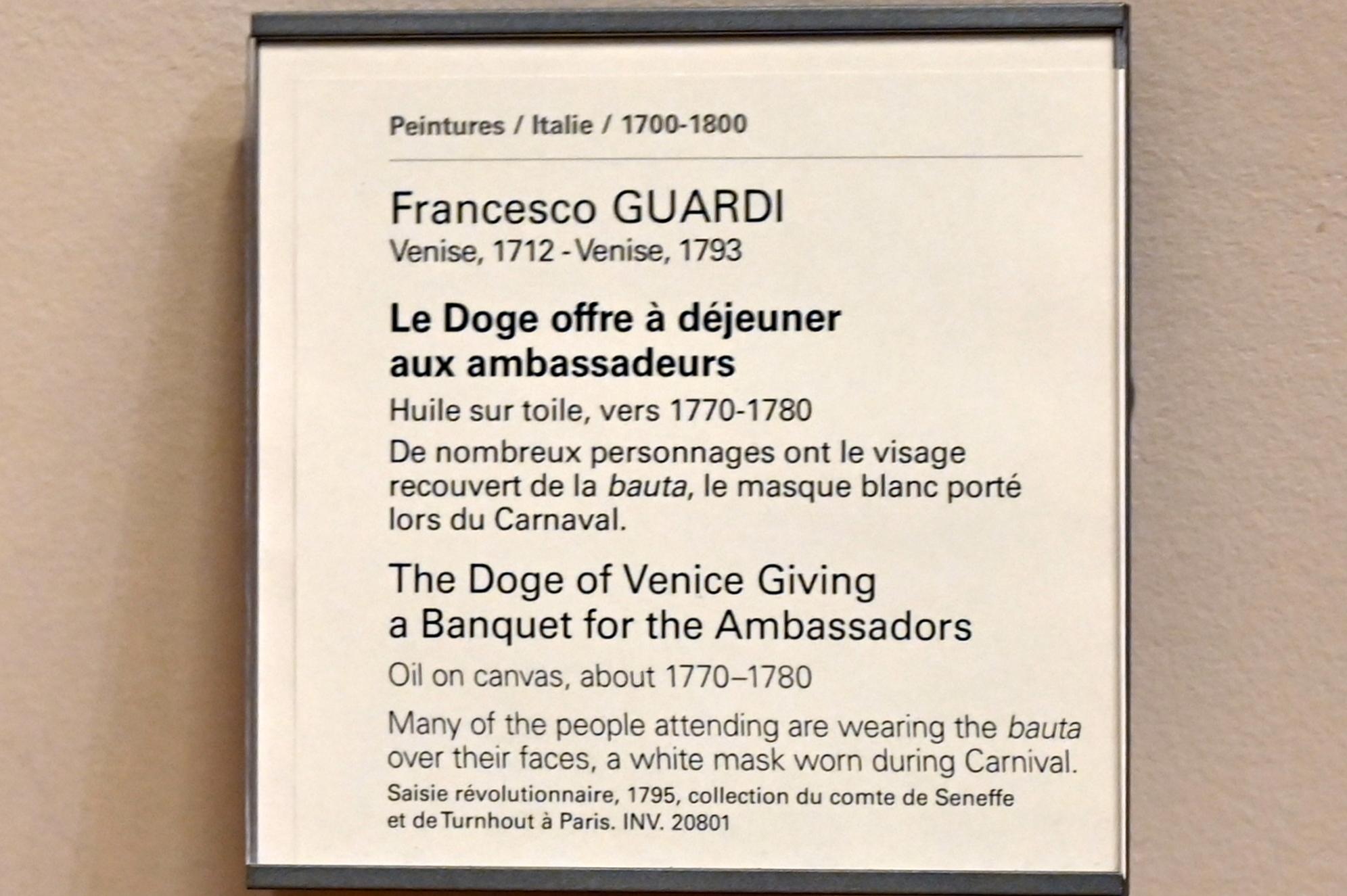 Francesco Guardi (1755–1790), Der Doge von Venedig gibt ein Bankett für die Botschafter, Paris, Musée du Louvre, Saal 723, um 1770–1780, Bild 2/2