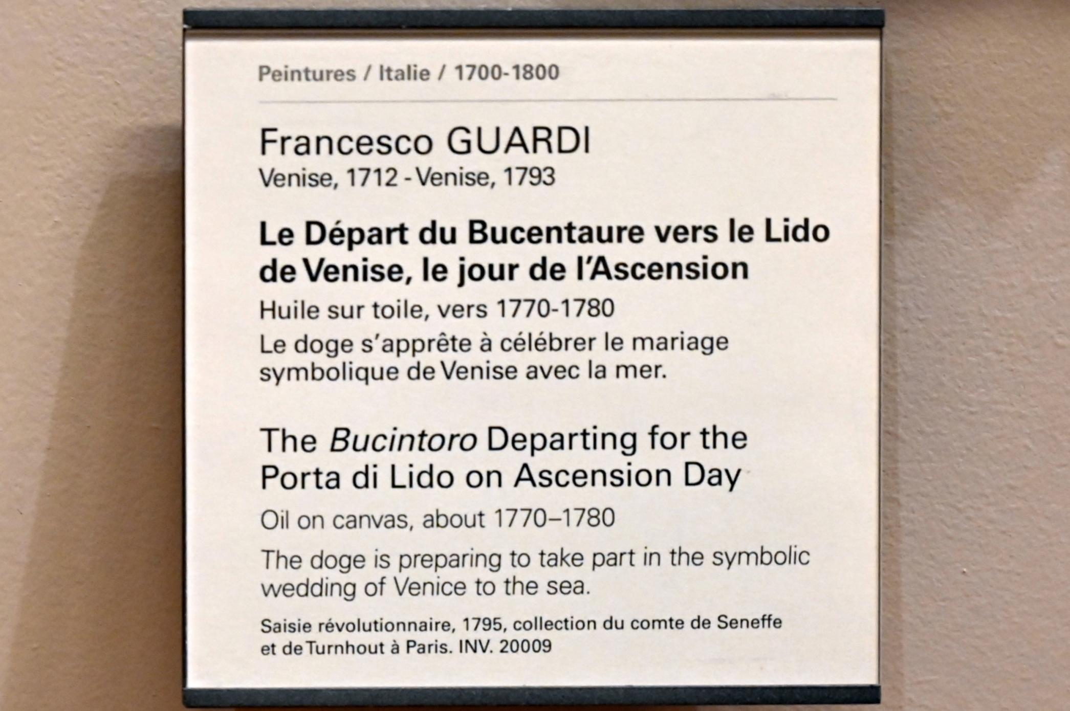 Francesco Guardi (1755–1790), Der Bucintoro fährt am Himmelfahrtstag zur Porta di Lido, Paris, Musée du Louvre, Saal 723, um 1770–1780, Bild 2/2