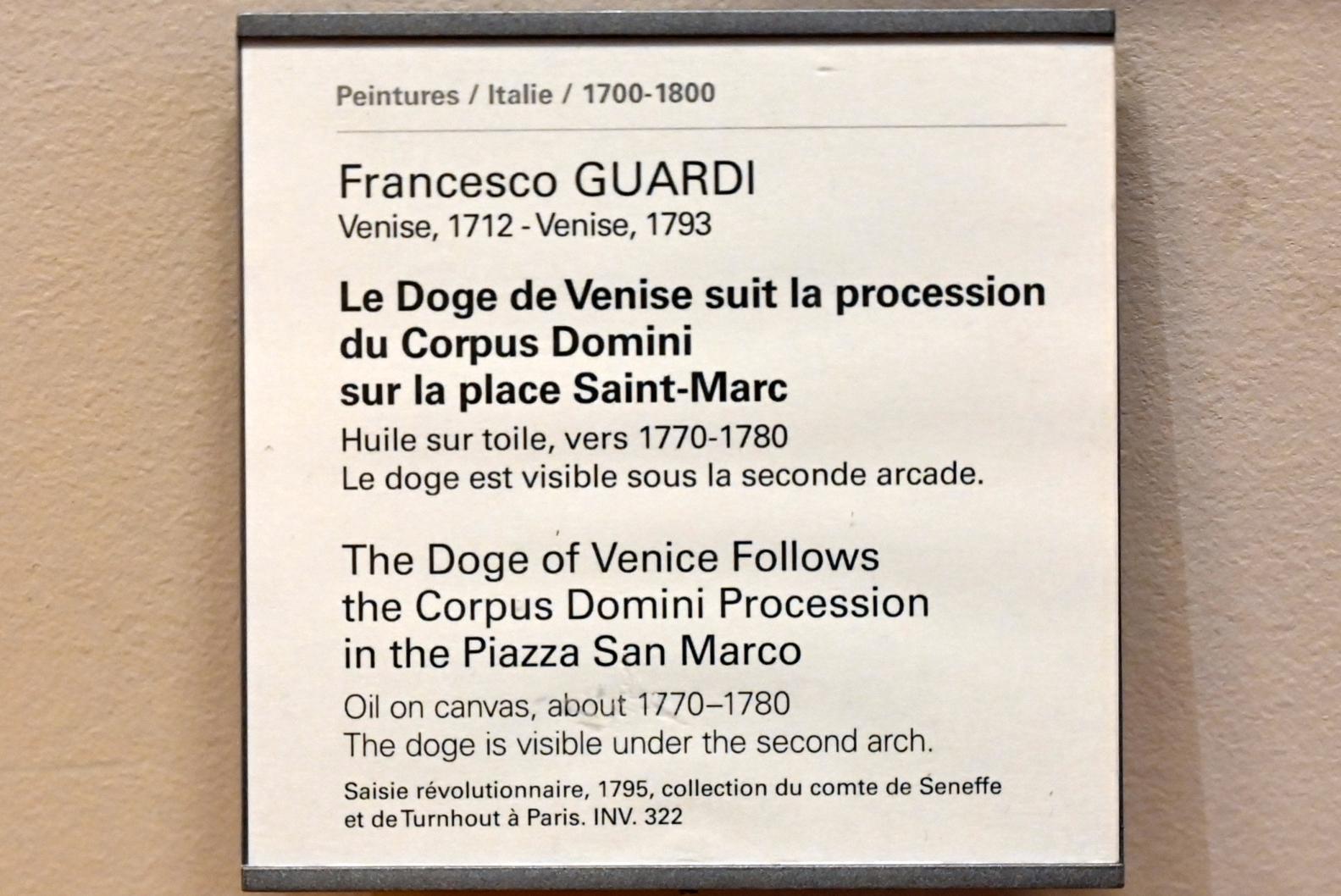 Francesco Guardi (1755–1790), Der Doge von Venedig verfolgt die Fronleichnamsprozession auf dem Markusplatz, Paris, Musée du Louvre, Saal 723, um 1770–1780, Bild 2/2