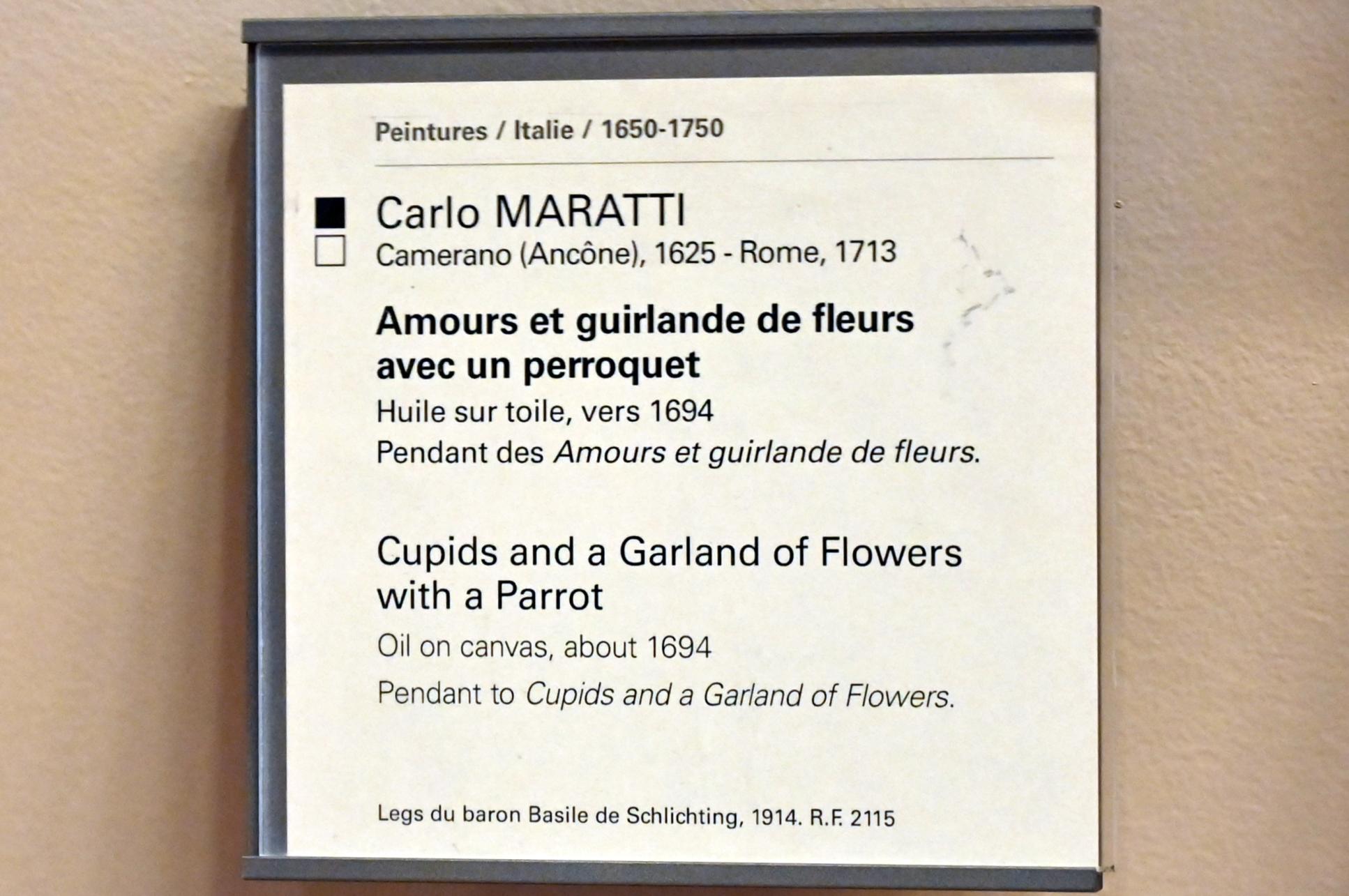 Carlo Maratta (1657–1704), Amoretten und eine Blumengirlande mit einem Papagei, Paris, Musée du Louvre, Saal 721, um 1694, Bild 2/2