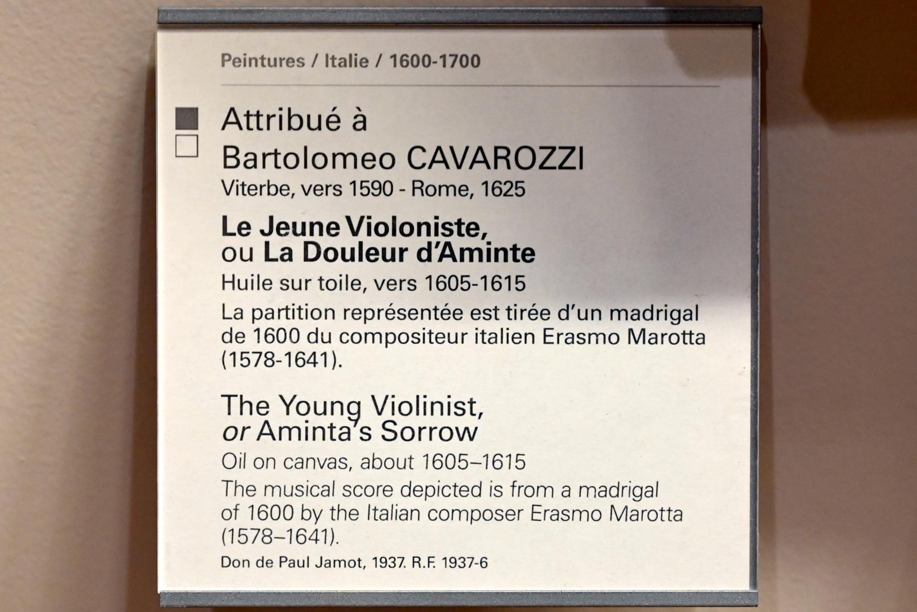 Bartolomeo Cavarozzi (1610), Der junge Geiger (Schmerz der Aminta), Paris, Musée du Louvre, Saal 727, um 1605–1615, Bild 2/2