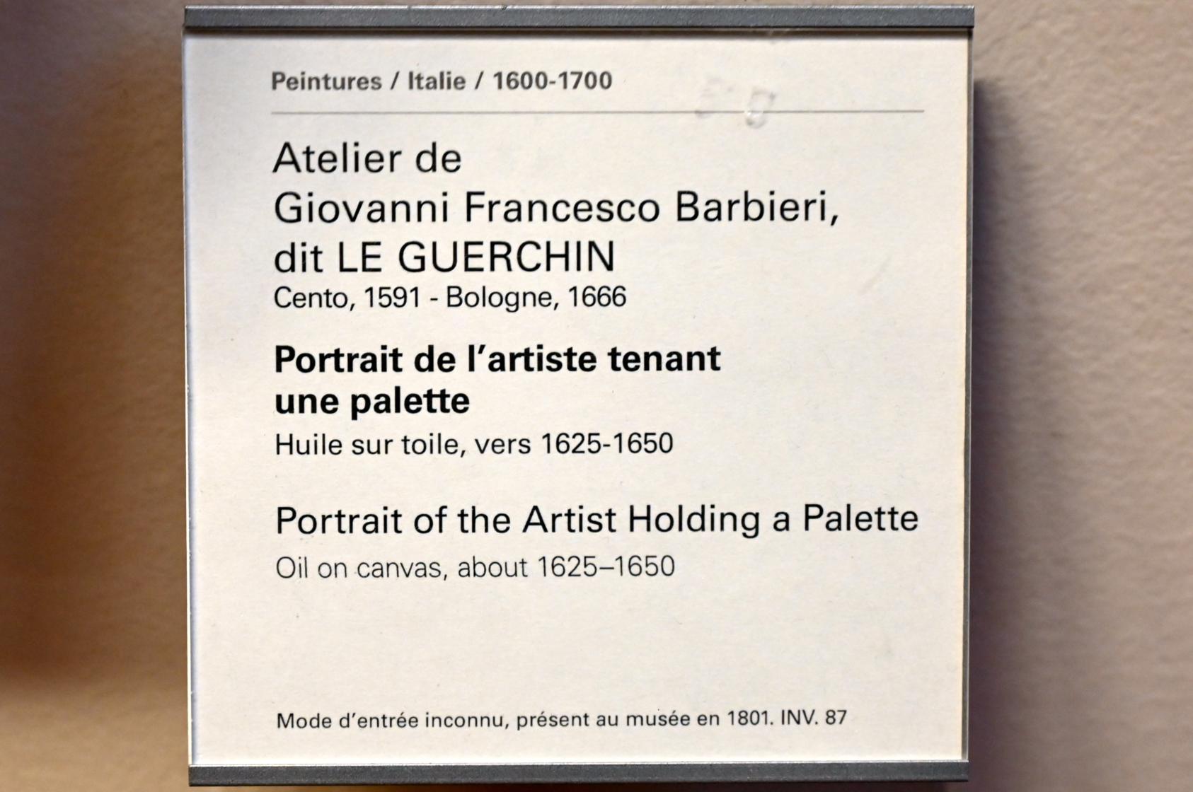 Giovanni Francesco Barbieri (Werkstatt) (1637–1650), Porträt des Künstlers mit Palette, Paris, Musée du Louvre, Saal 727, um 1625–1650, Bild 2/2