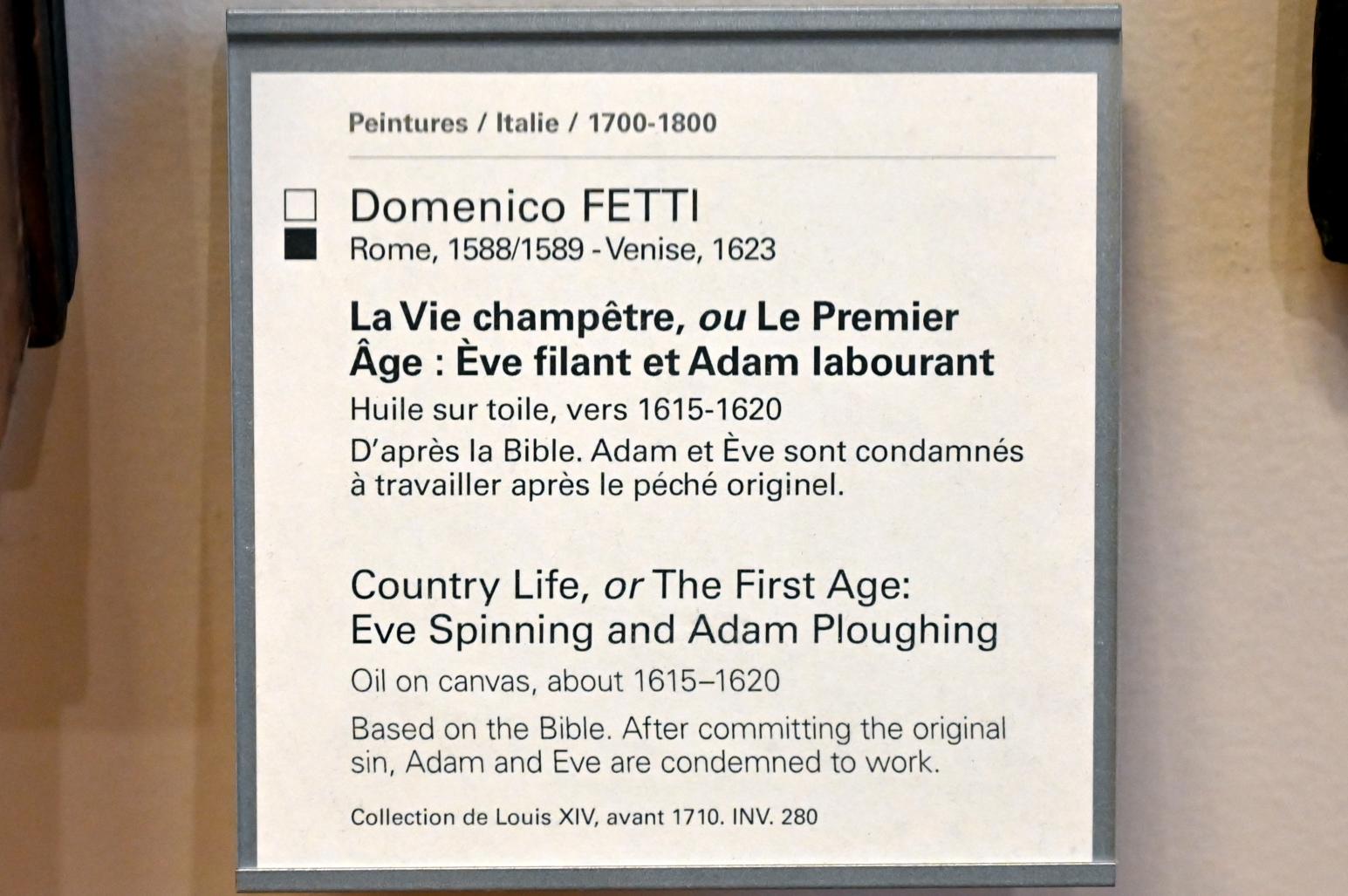 Domenico Fetti (1613–1622), Landleben (Die Spinnerin) (Adam und Eva zur Arbeit verurteilt), Paris, Musée du Louvre, Saal 728, um 1615–1620, Bild 2/2